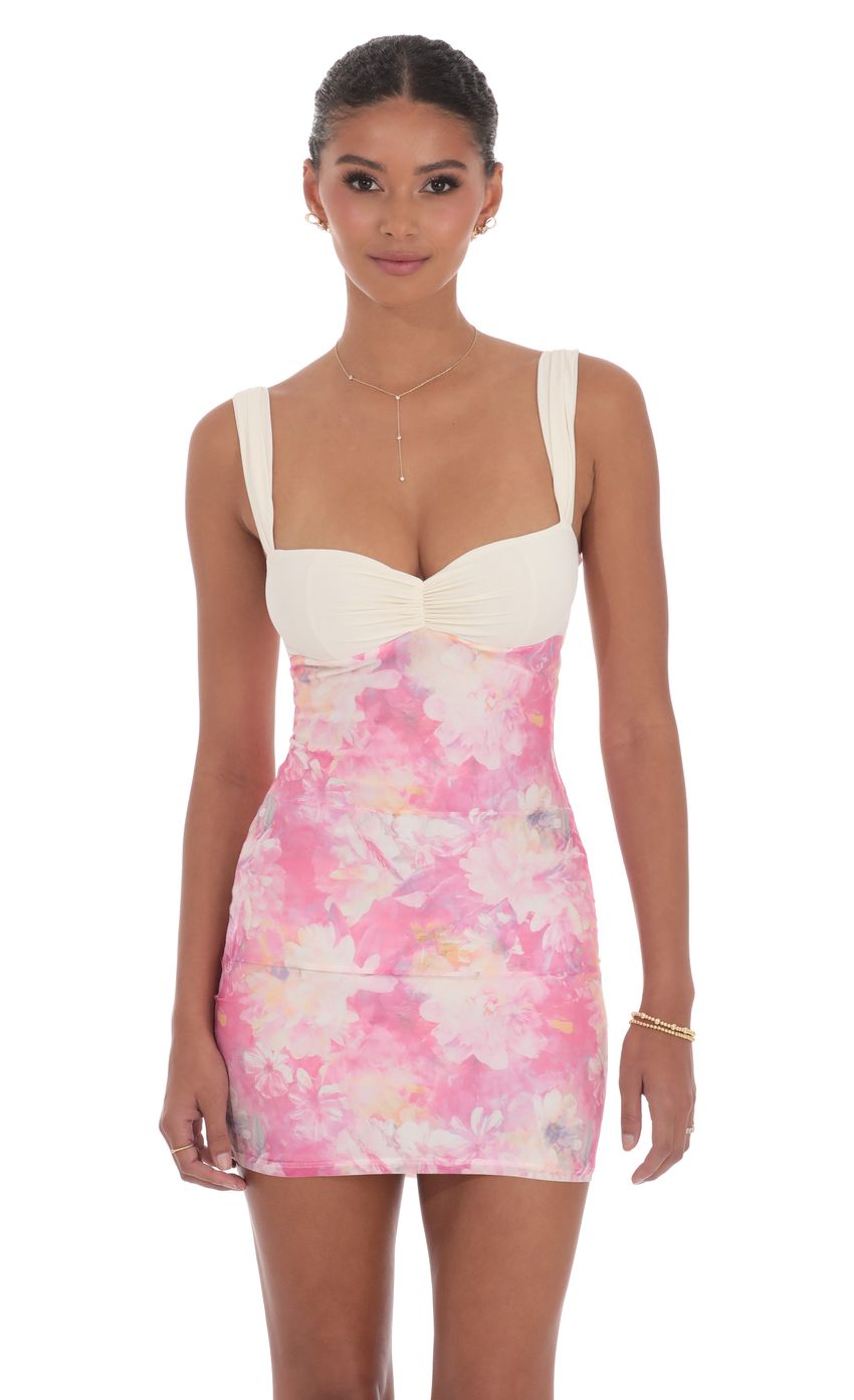 Two-Tone Floral Mesh Bodycon Dress in Pink