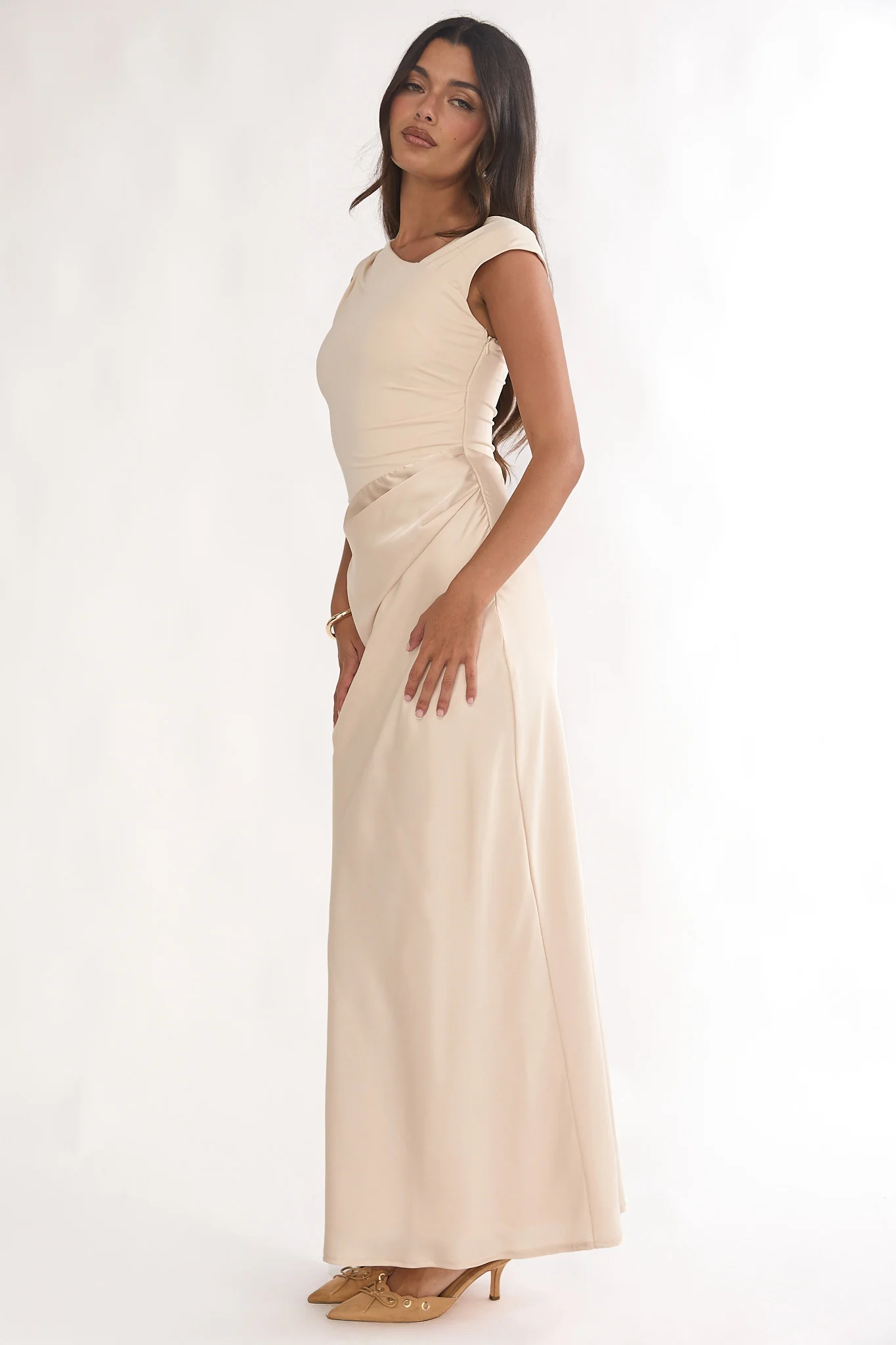 Brinelle Side Pleat Maxi Dress Ecru