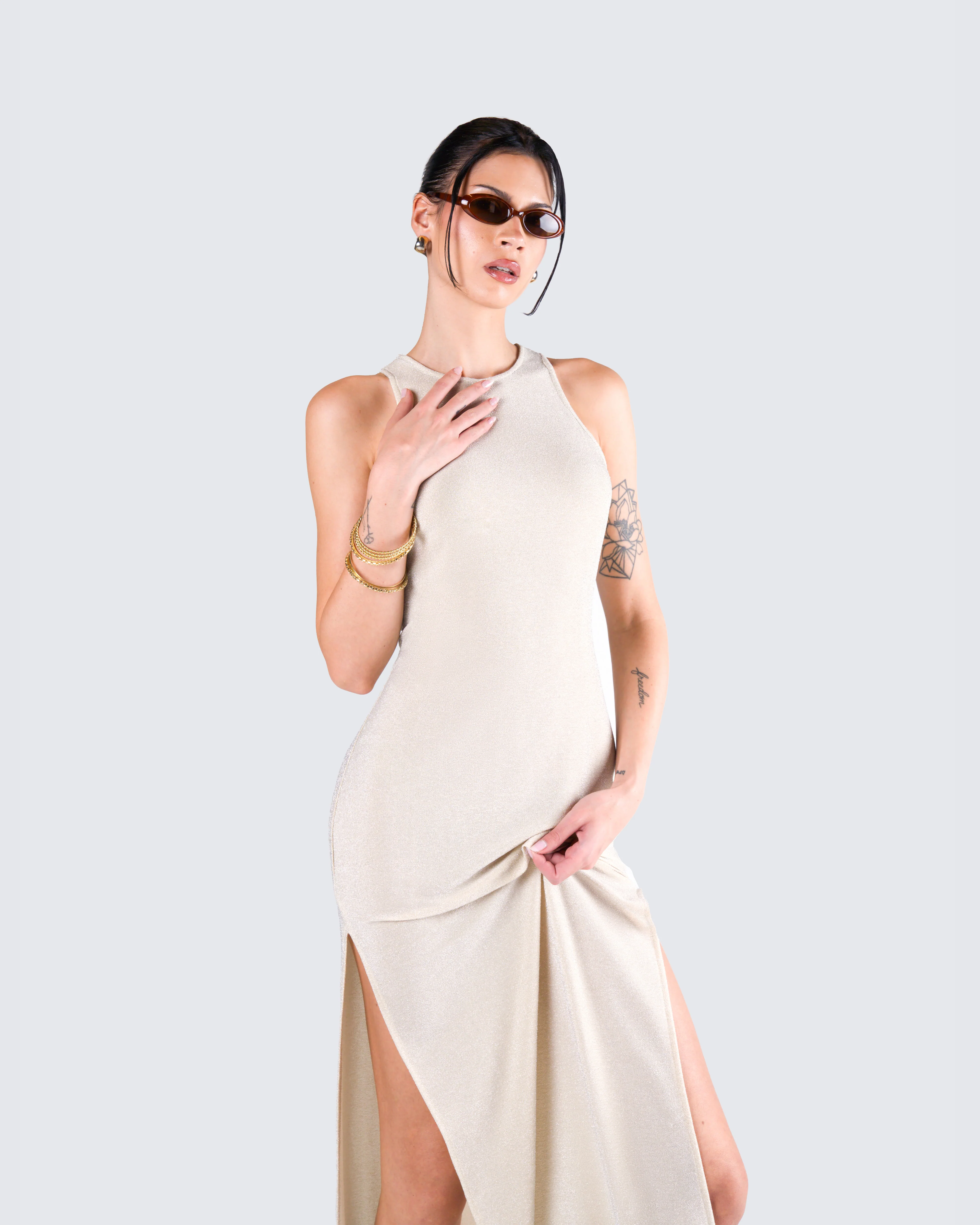 Taline Gold Lurex Maxi Dress
