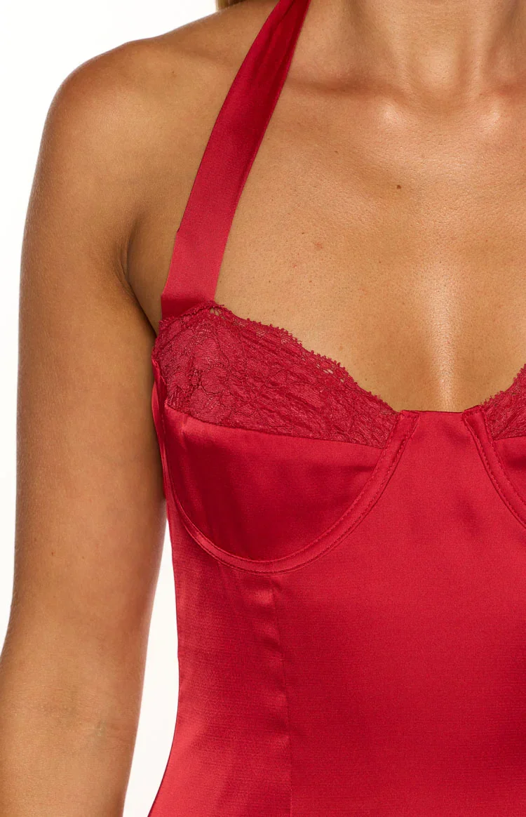 Florenta Red Satin Halter Mini Dress