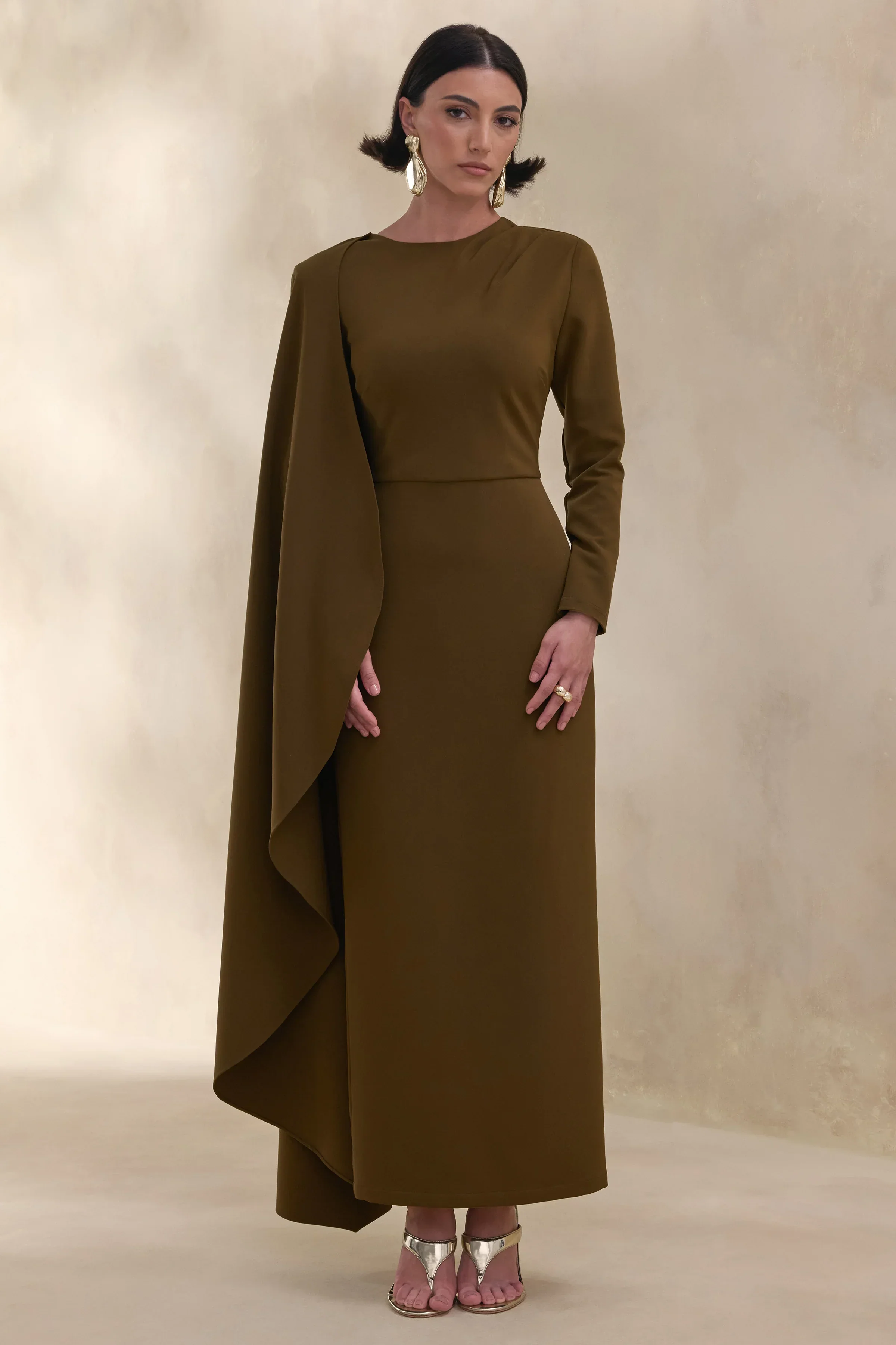 Jovea | Olive Round-Neck Maxi Dress With Cape-Sleeve