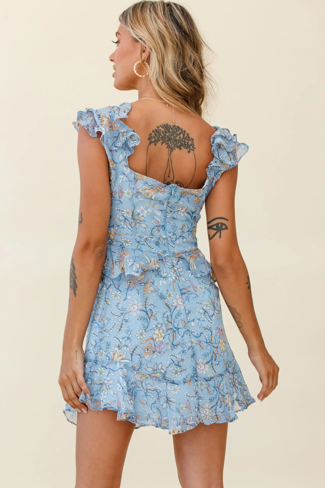Say That Again Bust Tie Ruffle Trim Dress Floral Print Blue