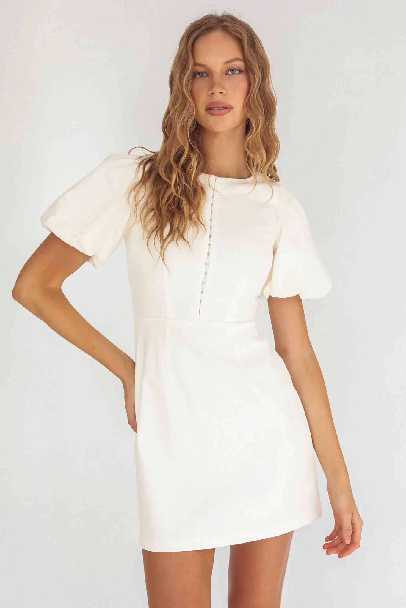 Leronne Hook & Eye Puff Sleeve Mini Dress White