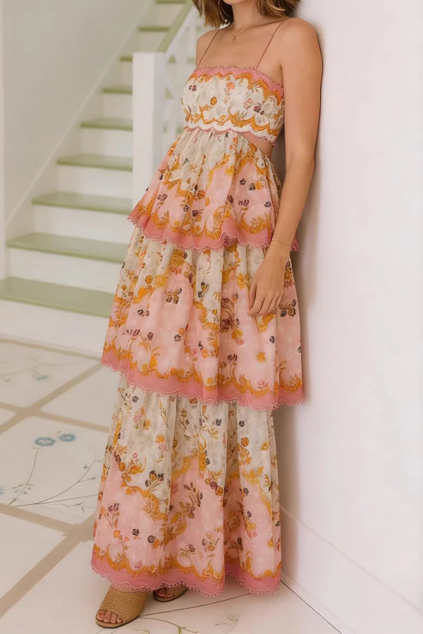 Daylight Unique Print Cutout Waist Back Lace-up Tiered Hem Maxi Dress - luluinthesky