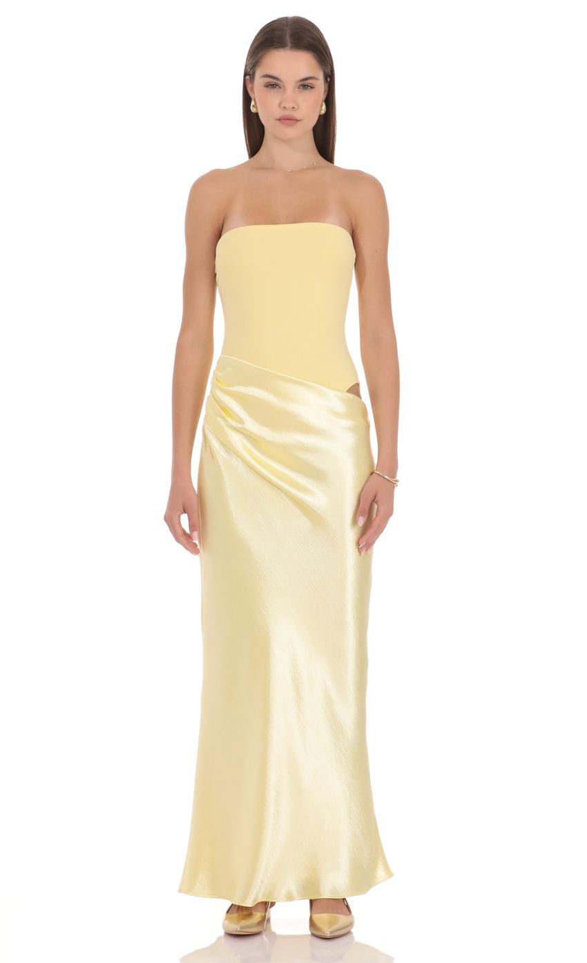 Strapless Draped Satin Maxi Dress in Butter Yellow