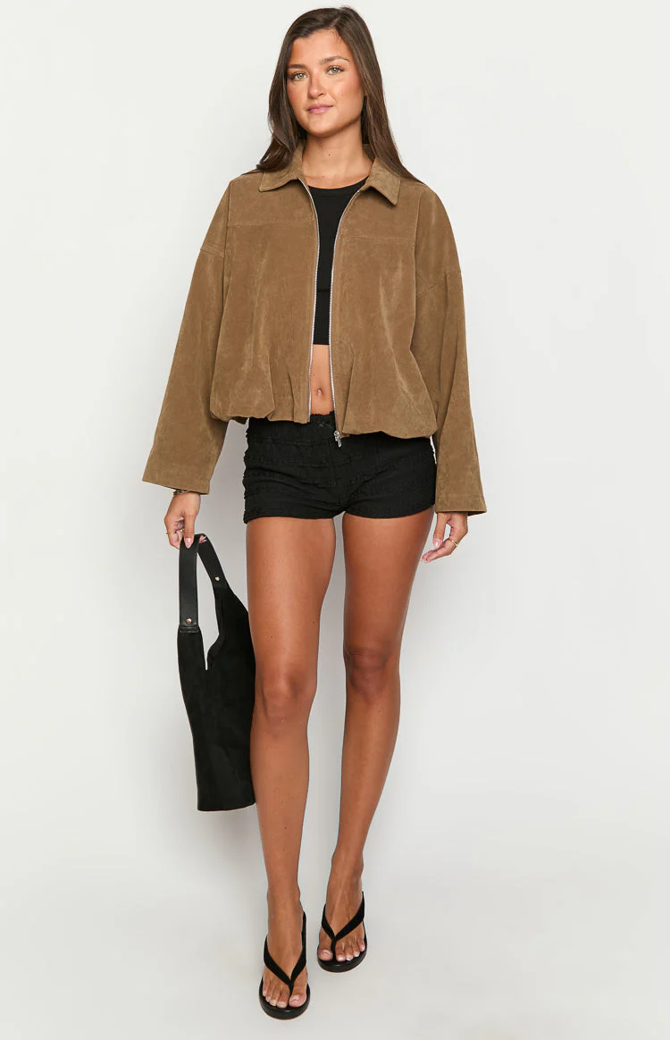 River Brown Suede Bubble Hem Bomber Jacket