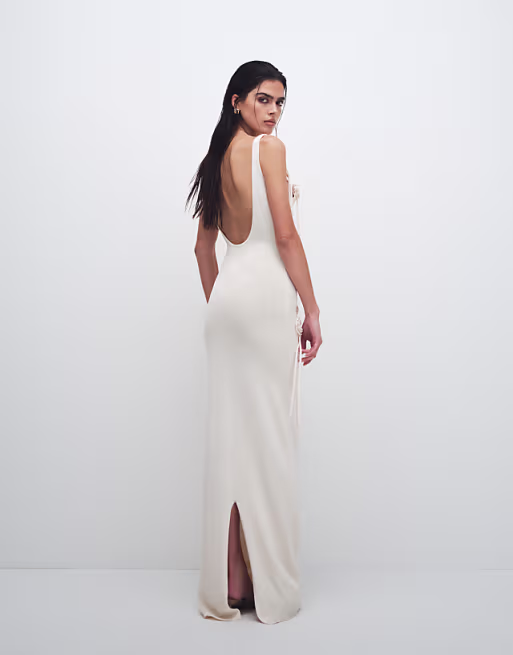 Wanderdoll Lillie knitted scoop neck corsage tassel detail maxi dress in vanilla
