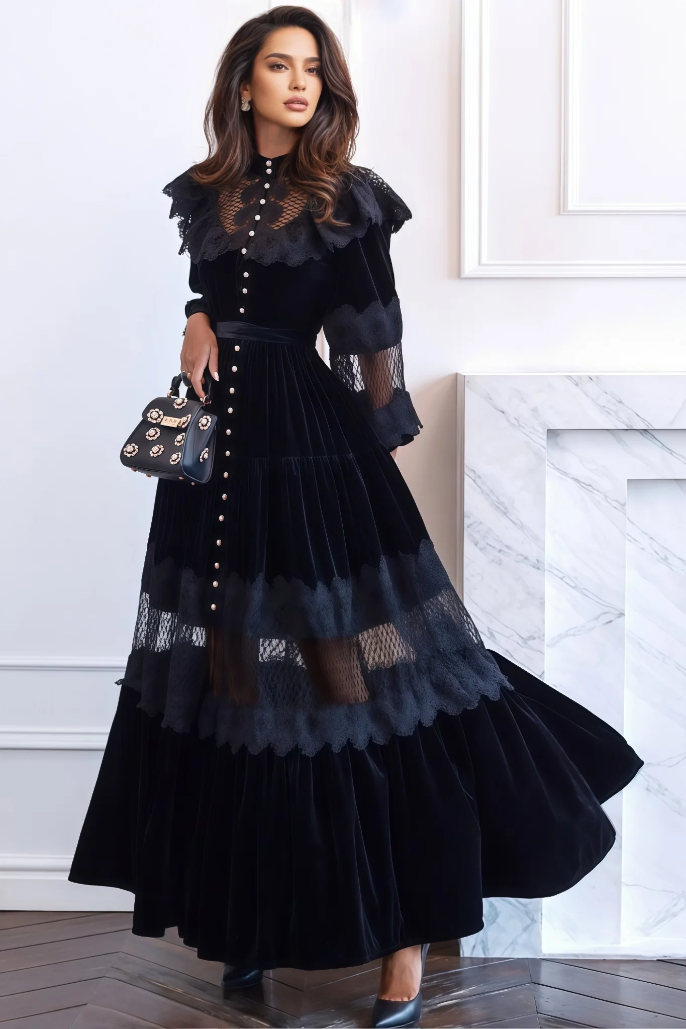 Sorelf Lace Floral Cutout Maxi Dress