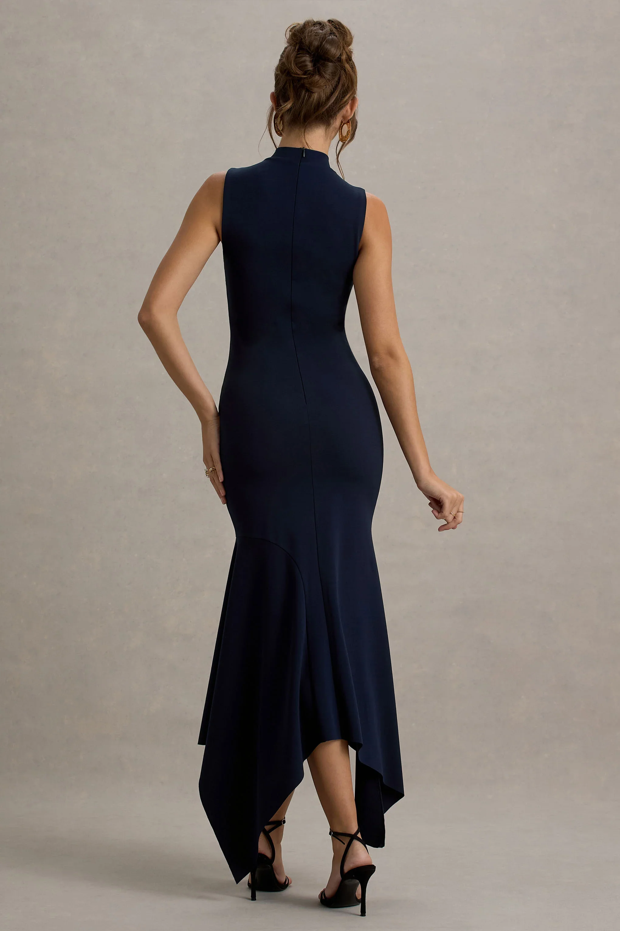 Janice | Navy High-Neck Hanky-Hem Maxi Dress