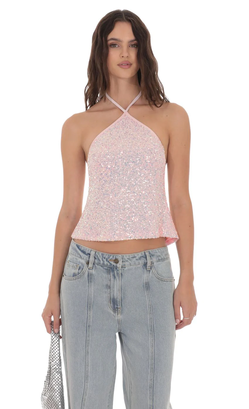 Sequin Halter Top in Pink - luluinthesky