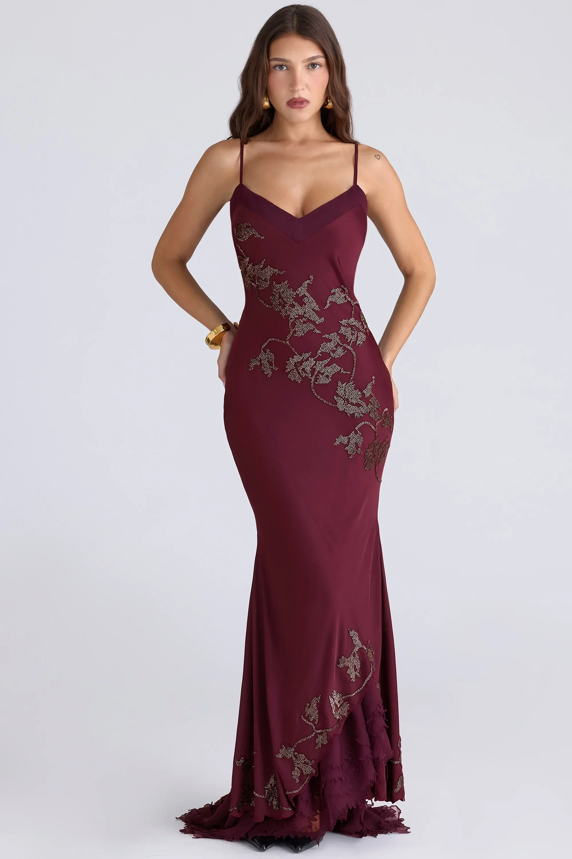 plum hand beaded embellished satin maxi gown - limited edition