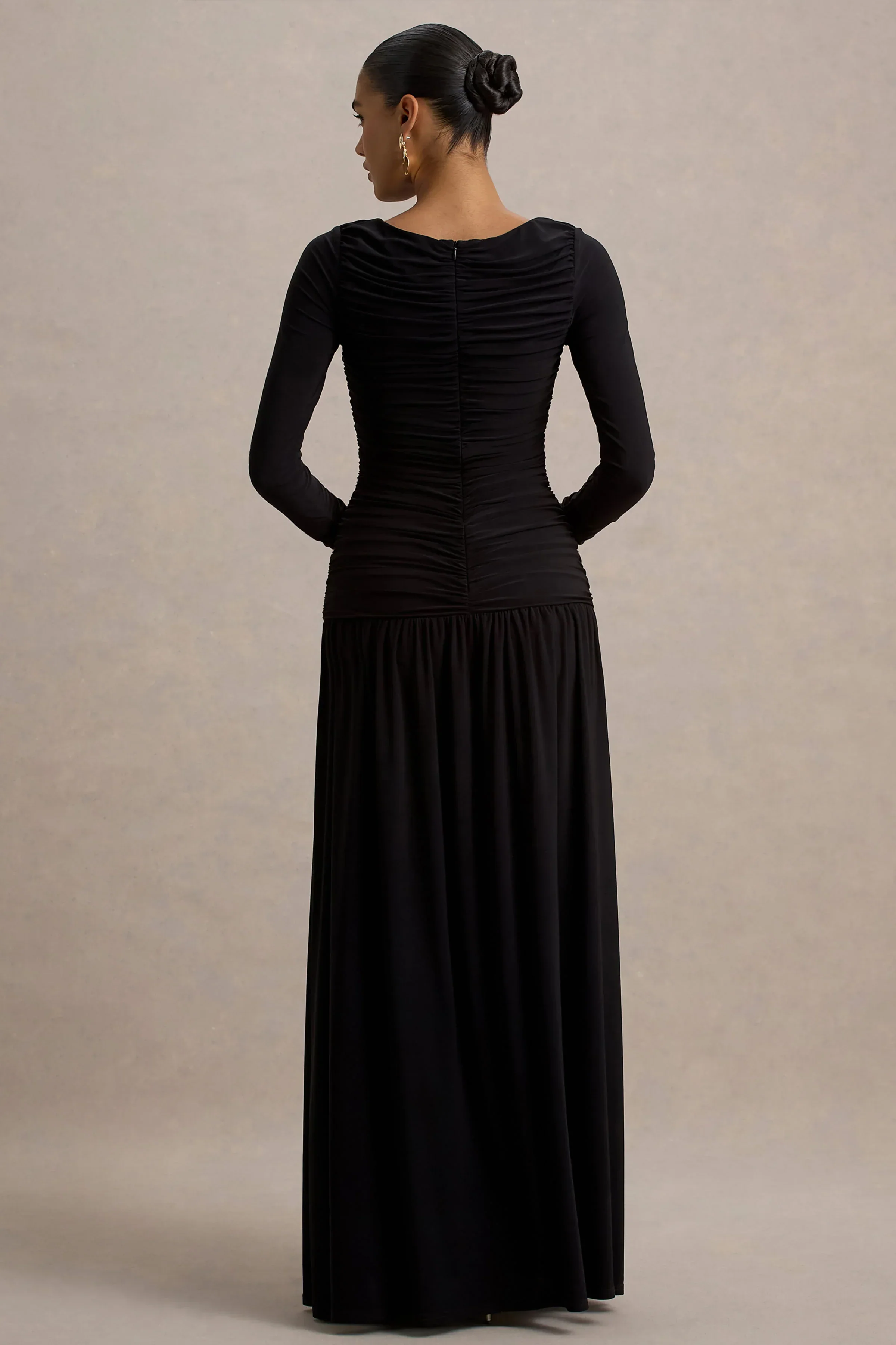 Aniyah | Black High-Neck Maxi Dress With Ruched Detailing