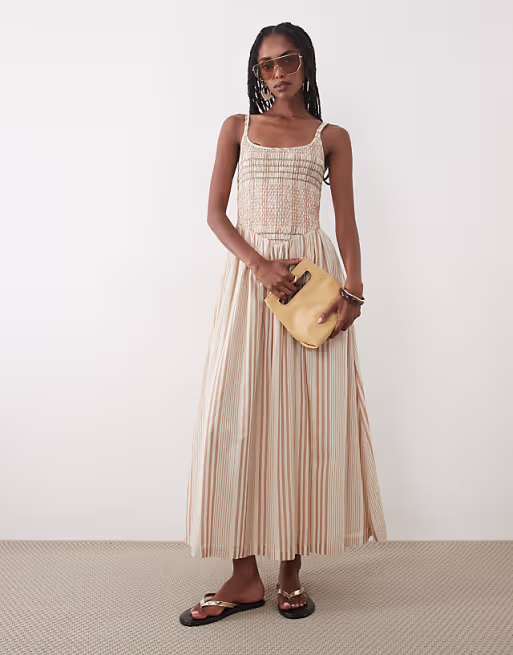 Abercrombie & Fitch scoop neck dipped waist maxi dress in brown stripe