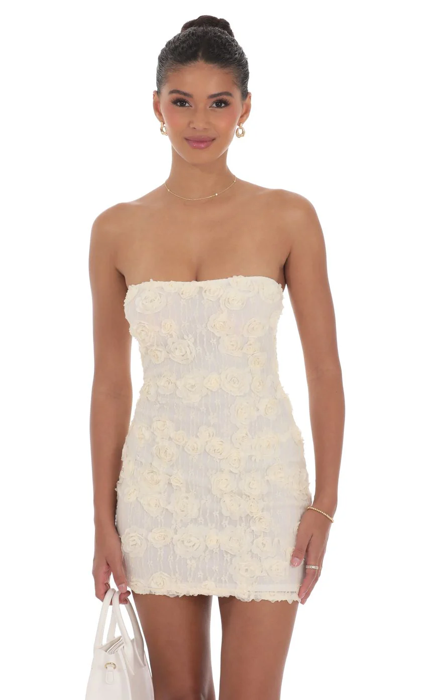 Textured Floral Strapless Dress in Cream
