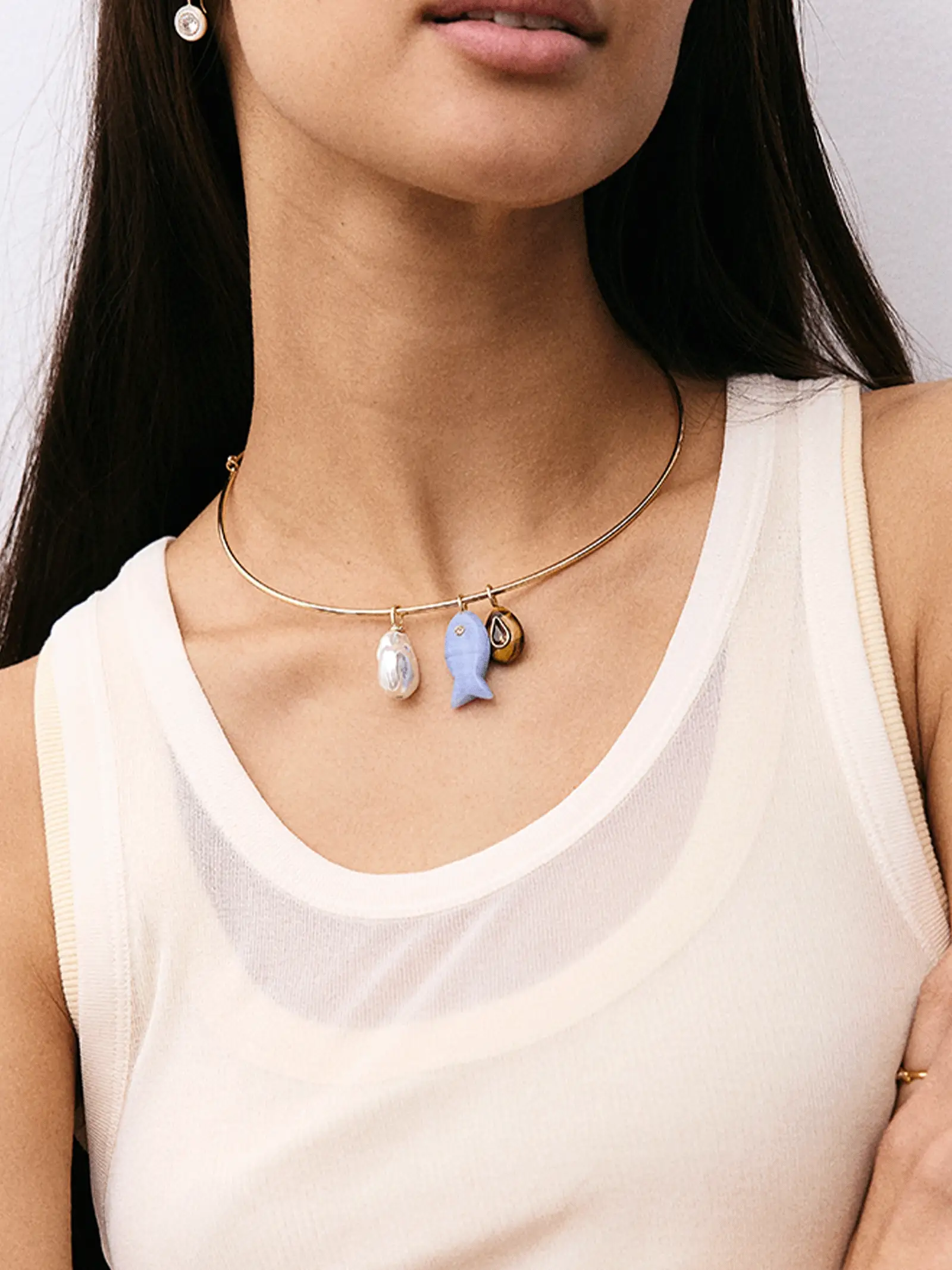 Kacey Removable Charm Collar Necklace - Gold/Pearl