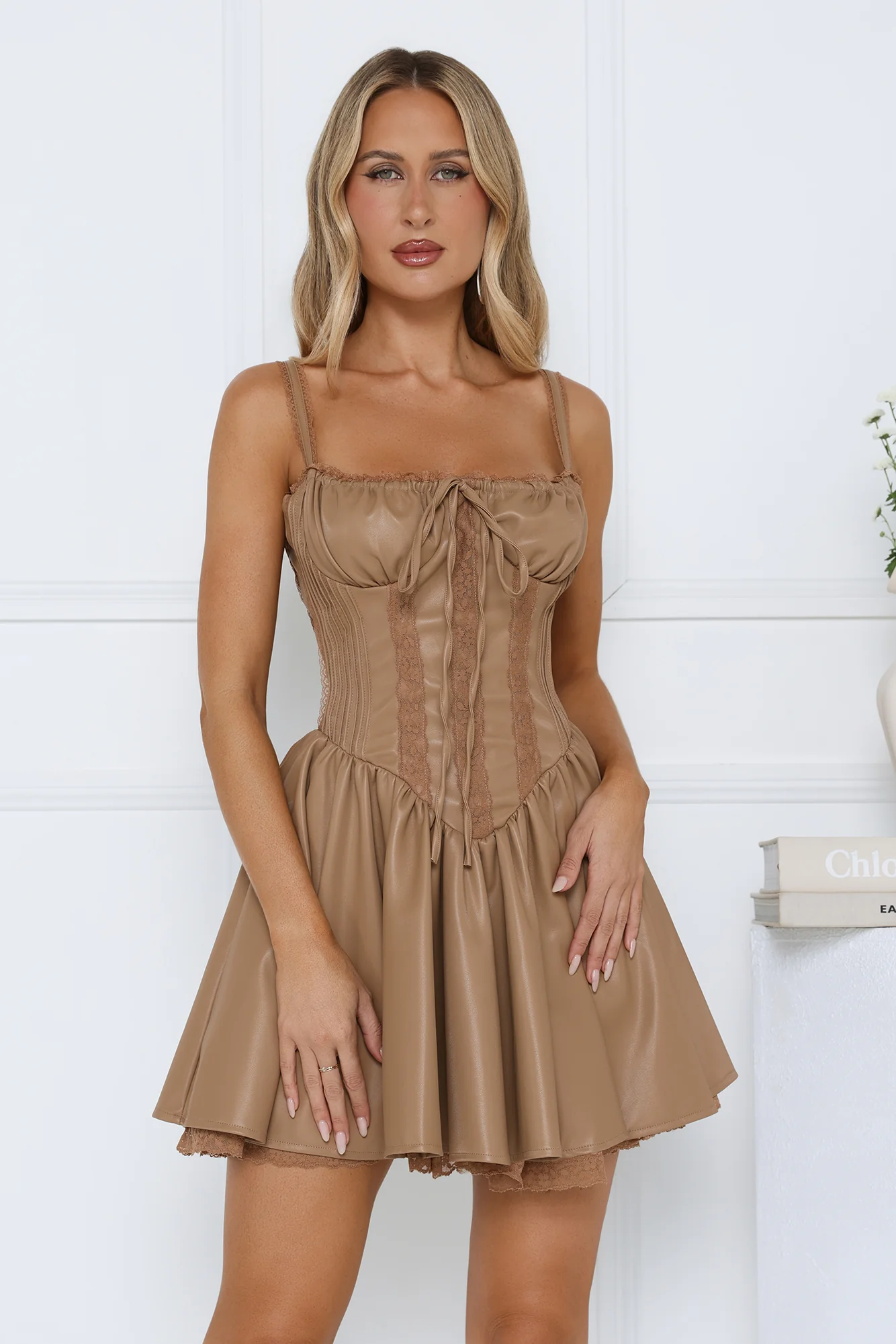 Whisper Luxe Faux Leather Mini Dress Taupe