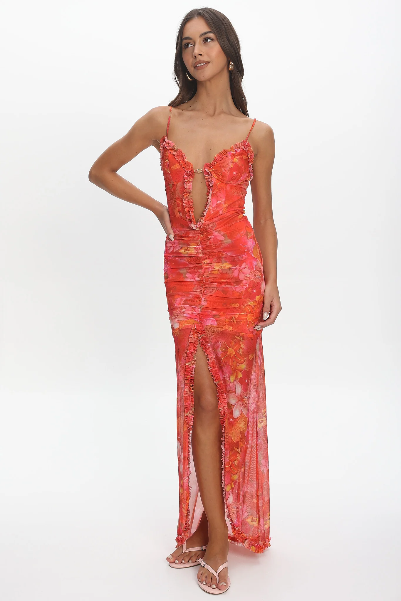 Audette Floral Mesh Ruffle Slip Gown Coral - luluinthesky