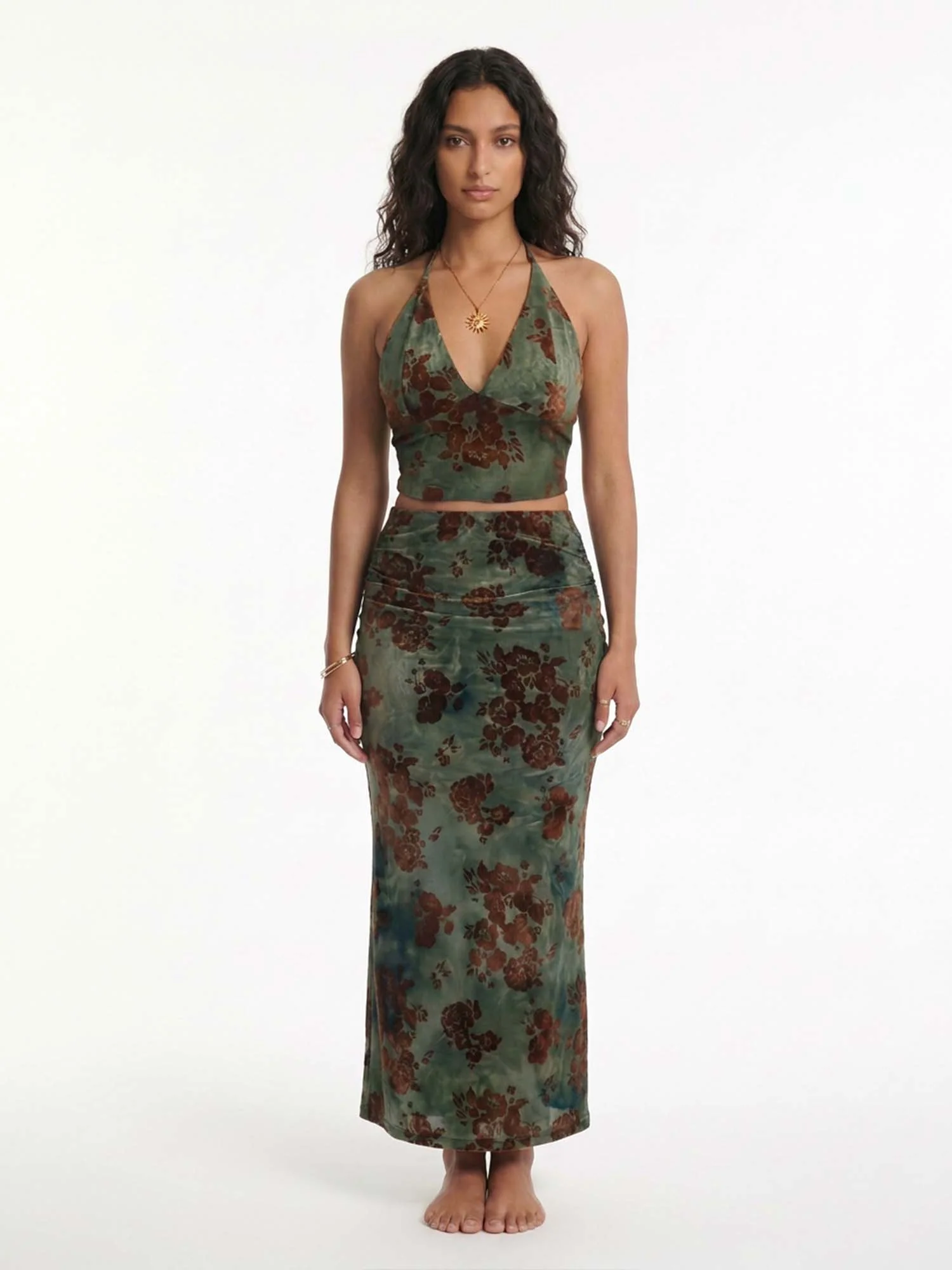 Green Floral Halter Set