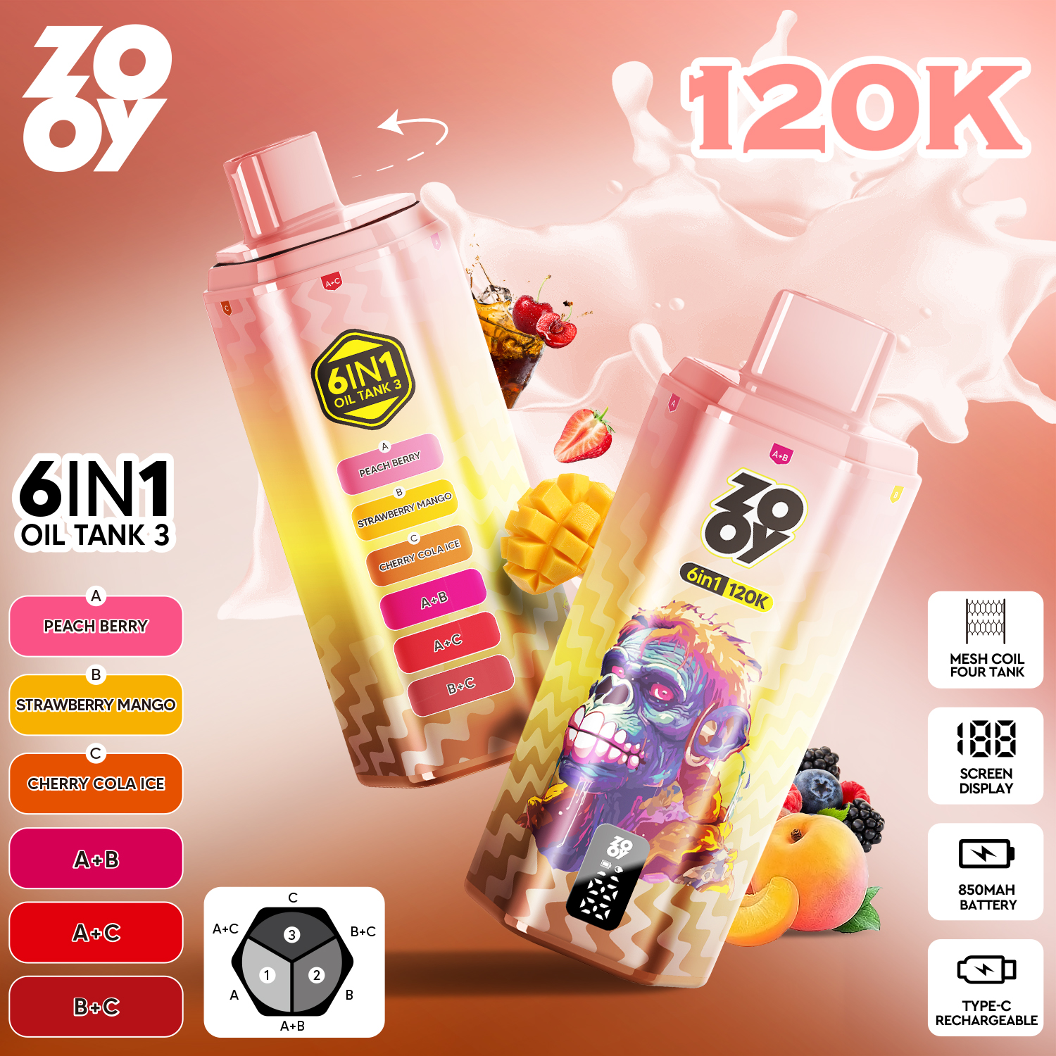 ZOOY TANK 120K - Peach berry & Strawberry mango & Cherry Cola ice