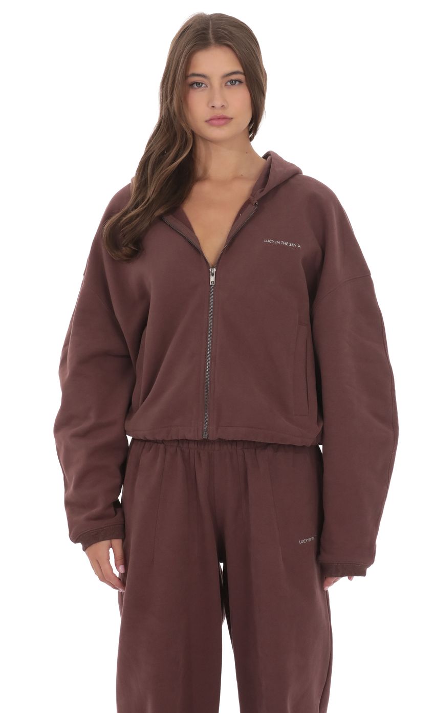 Cropped Fleece Zip-Up Hoodie in Brown