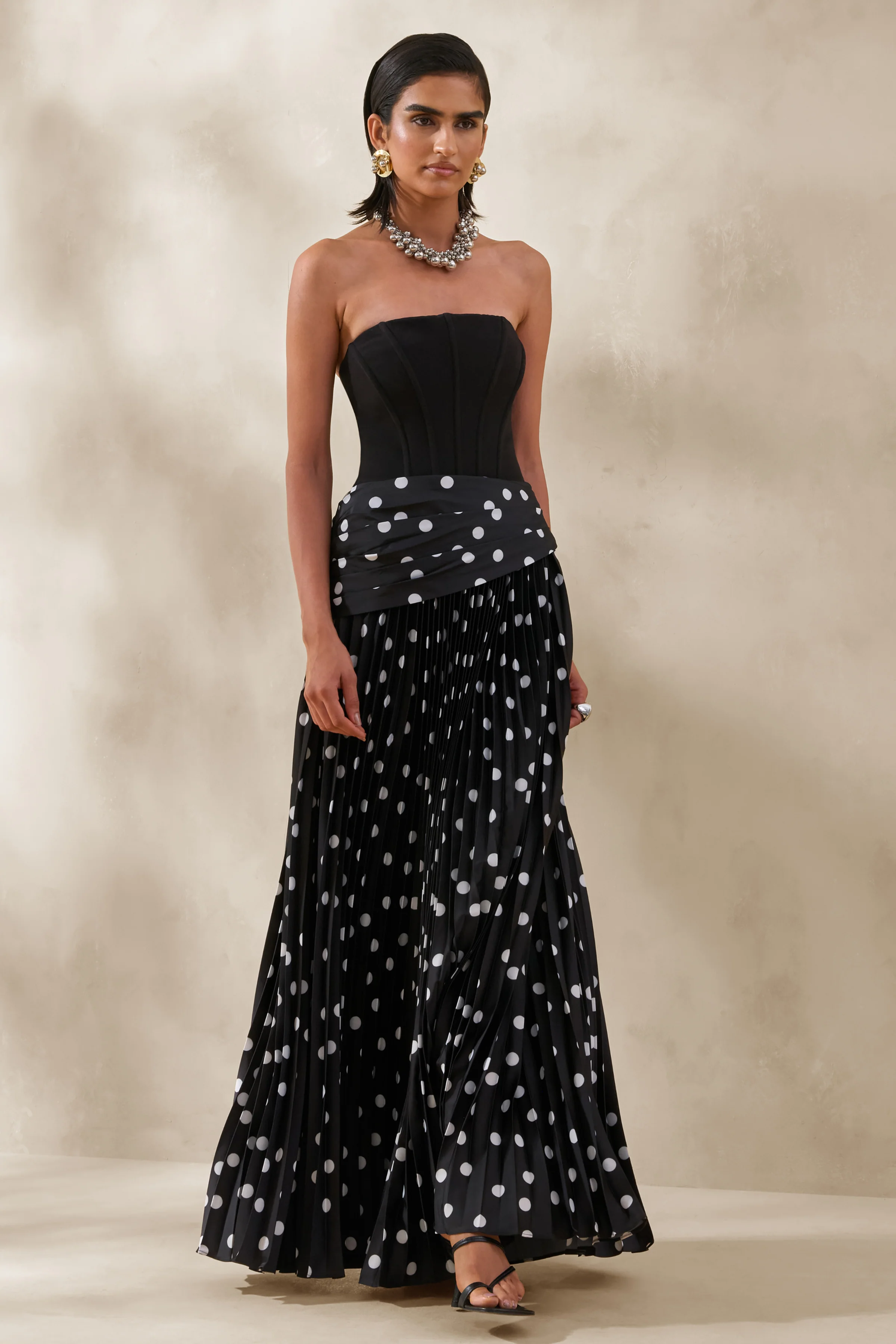 Valerisse | Black And White Polka Dot Bandeau Maxi Dress