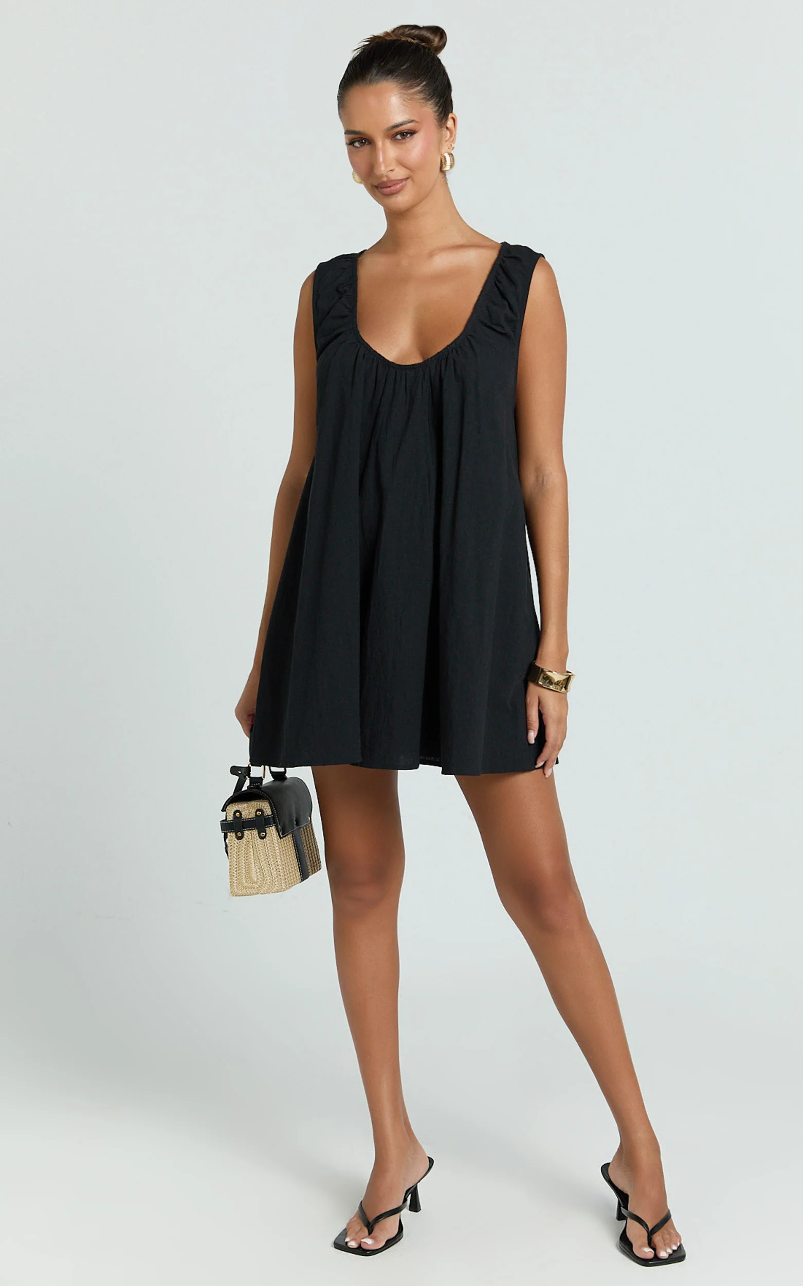 Lucinda Mini Dress - Deep U Gathered Neck Smock Dress in Black
