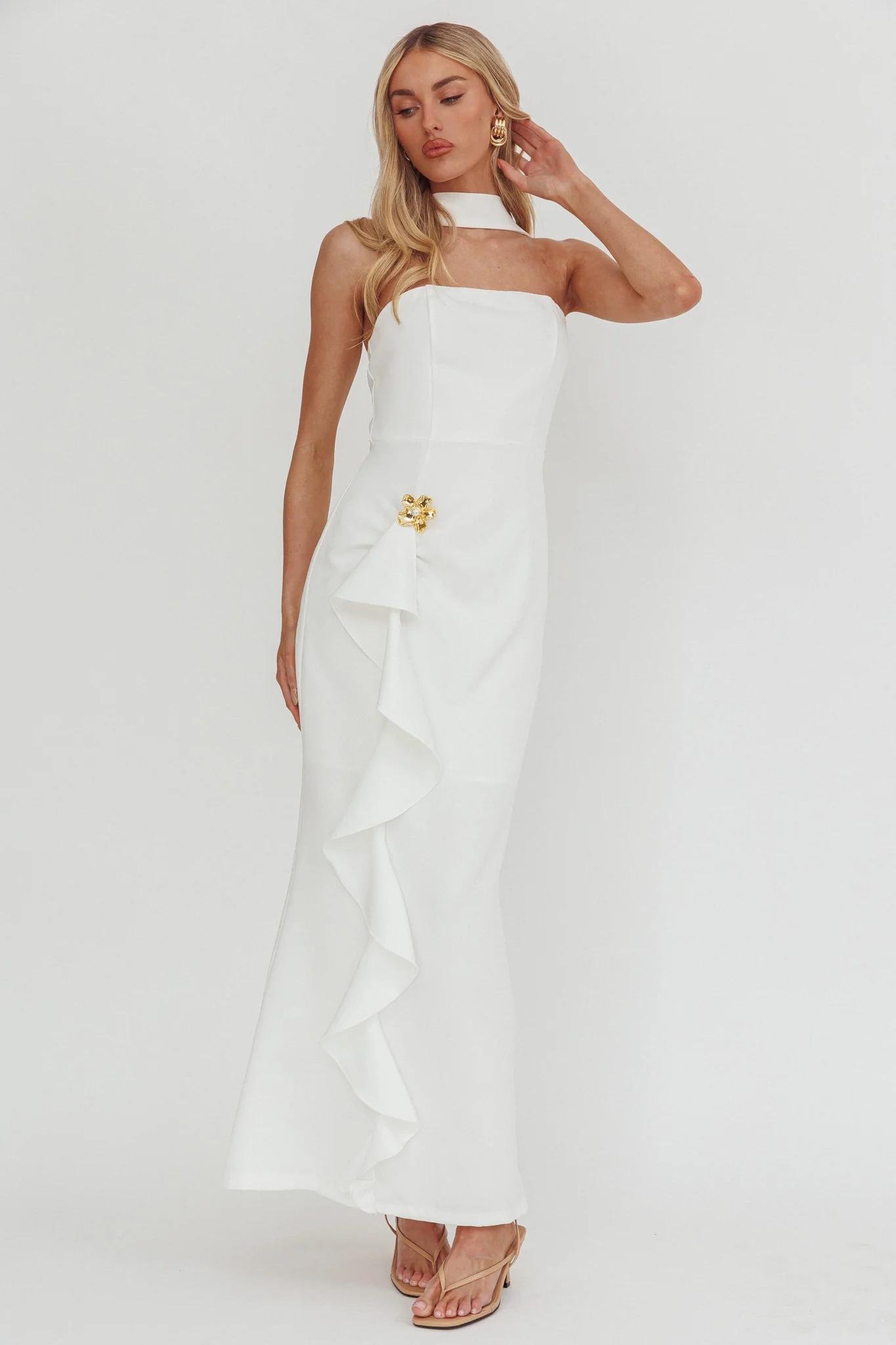 Selora Strapless Ruffle Maxi Dress White