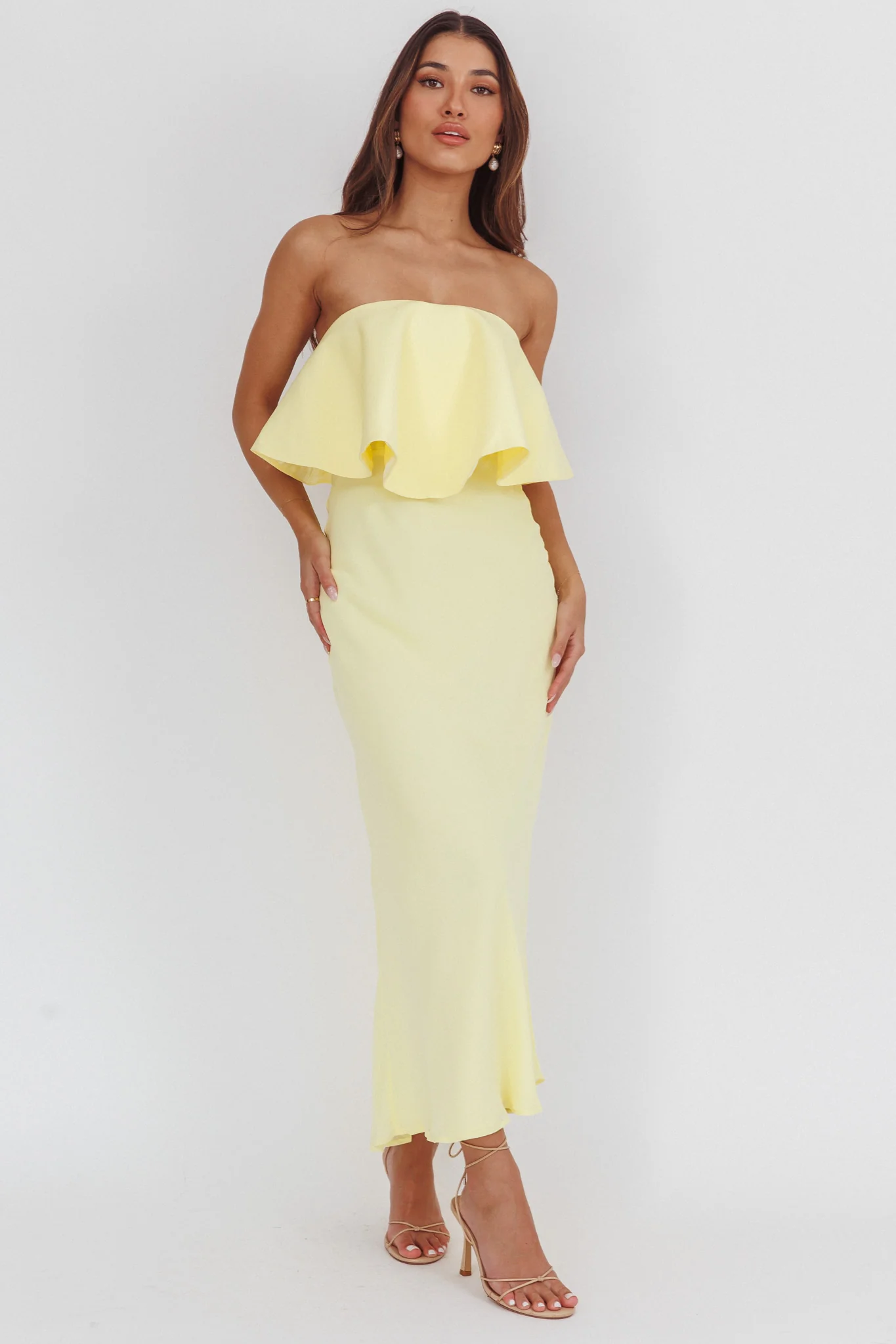 Nerina Strapless Ruffle Neckline Maxi Dress Panna Cotta - luluinthesky