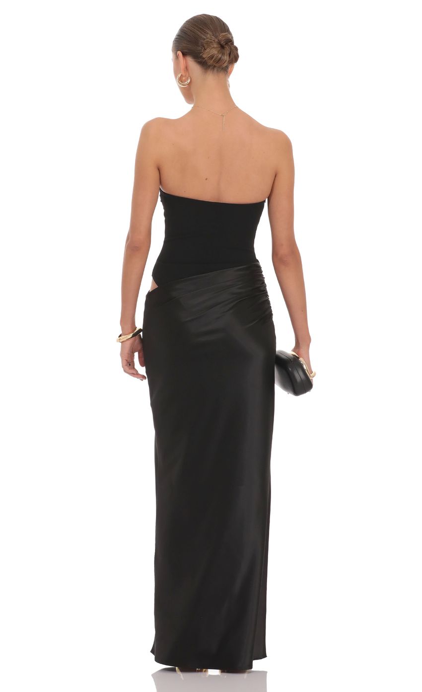 Strapless Draped Satin Maxi Dress in Black