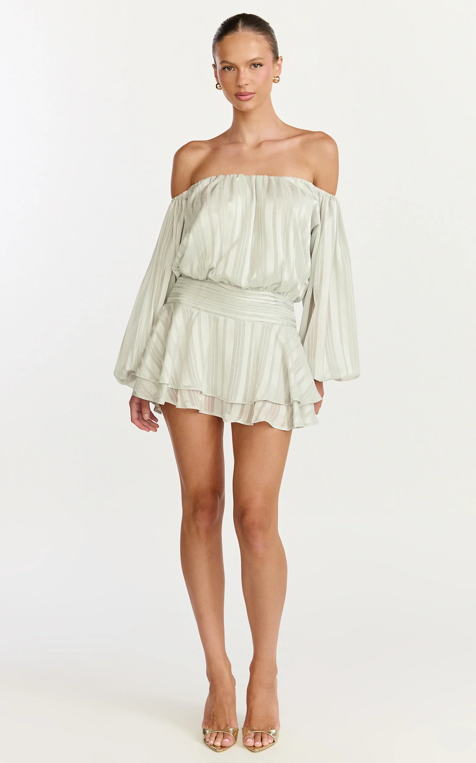 Giselle Mini Dress - Balloon Sleeve Off Shoulder Dress in Sage