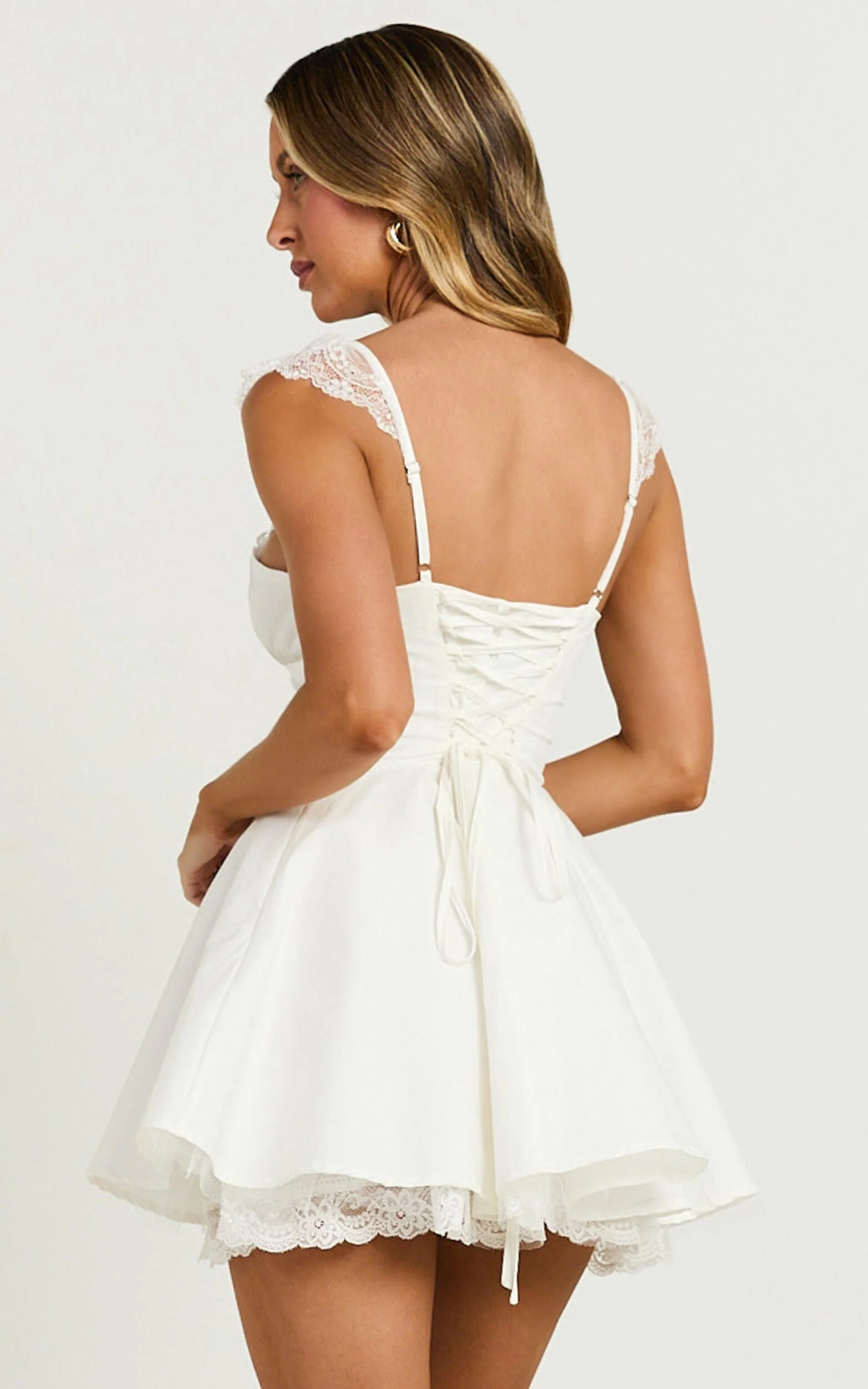Adalee Mini Dress - Sleeveless Ruched Bodice Lace Trim Dress in Off White - luluinthesky