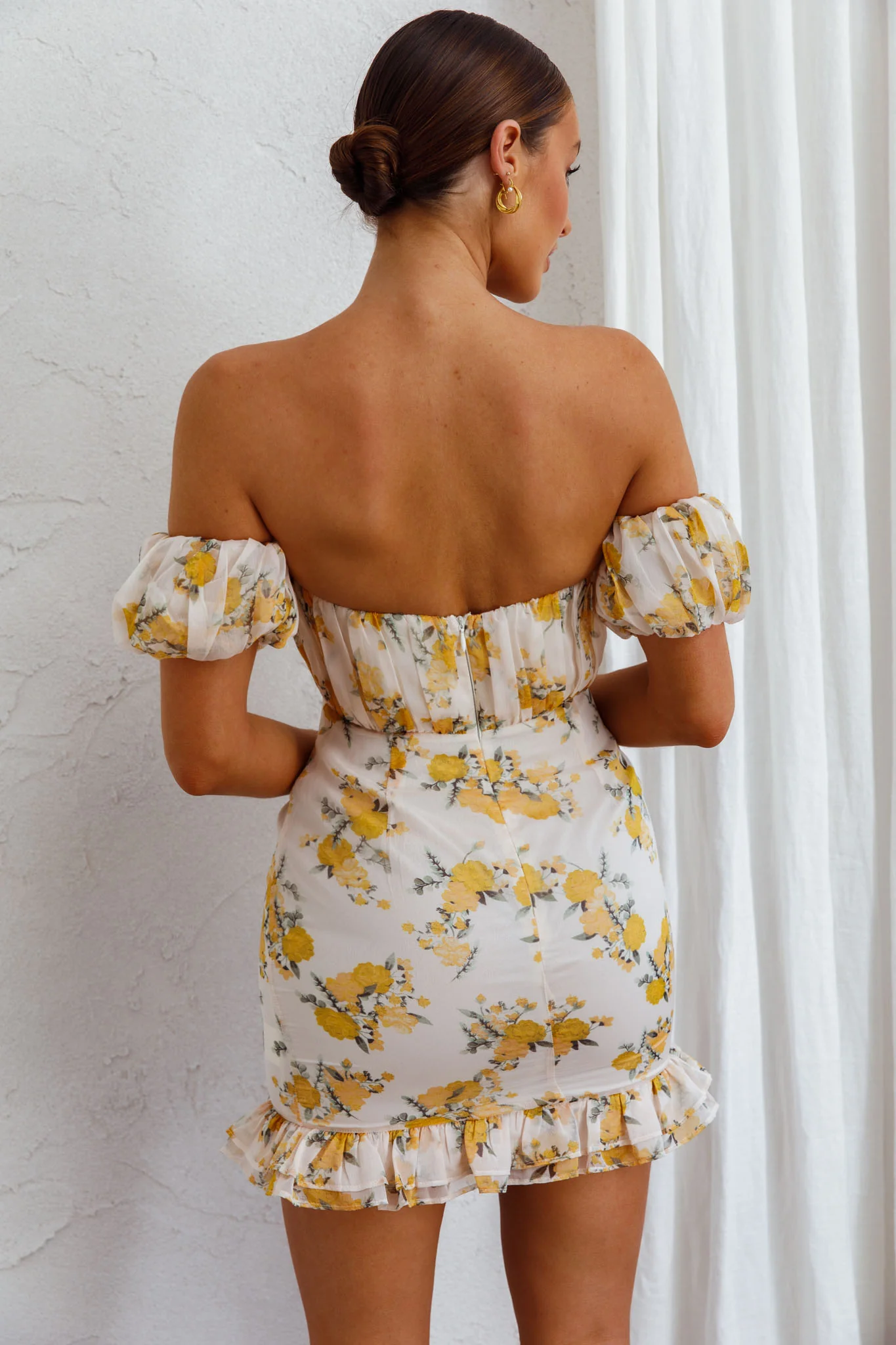 Verona Off-Shoulder Gathered Mini Dress Floral Yellow