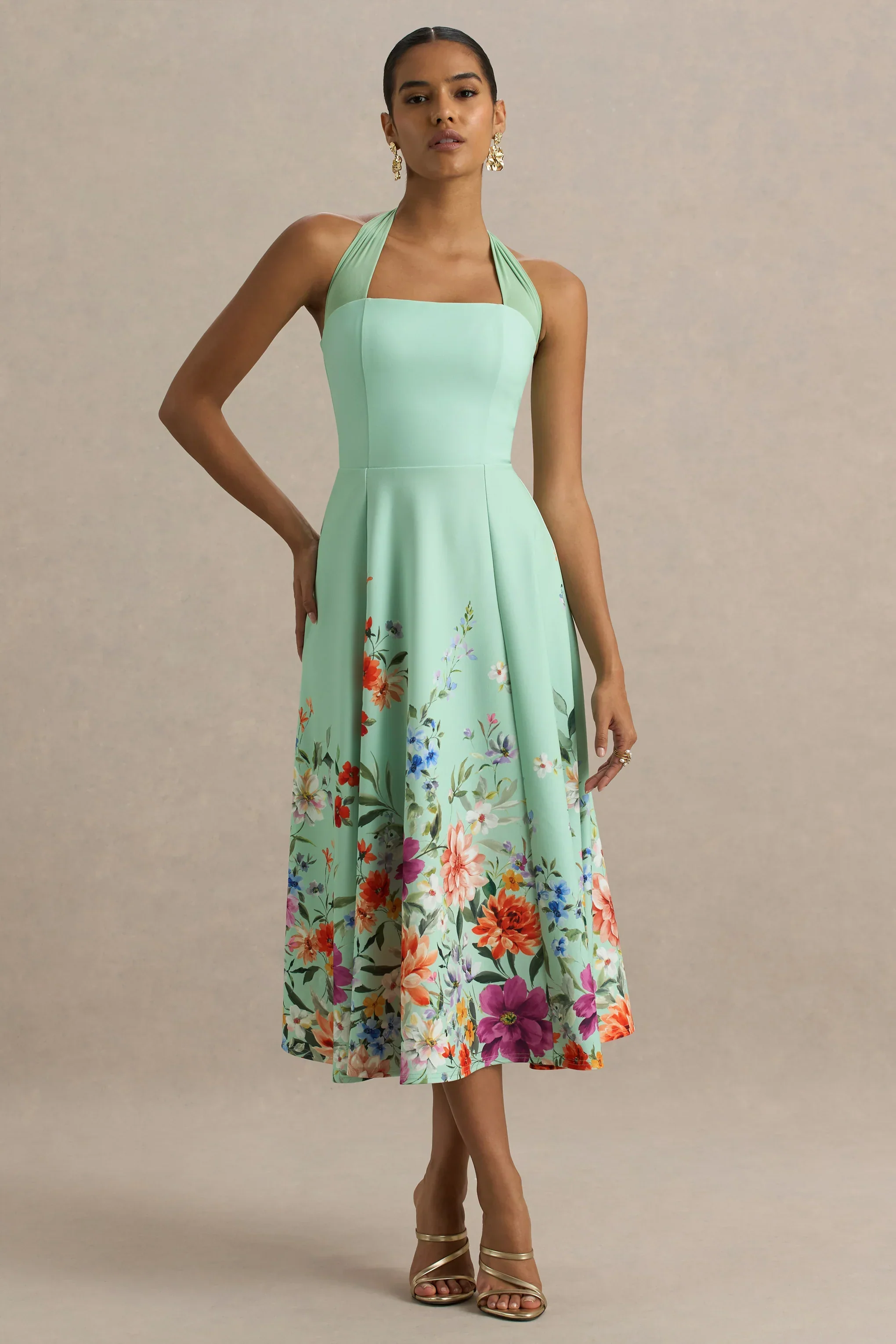 Auburn | Mint Placement Floral Halter-Neck Midi Dress