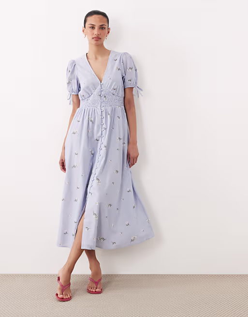 Nobody's Child Ezra linen blend v-neck puff sleeve button down midi dress in blue floral