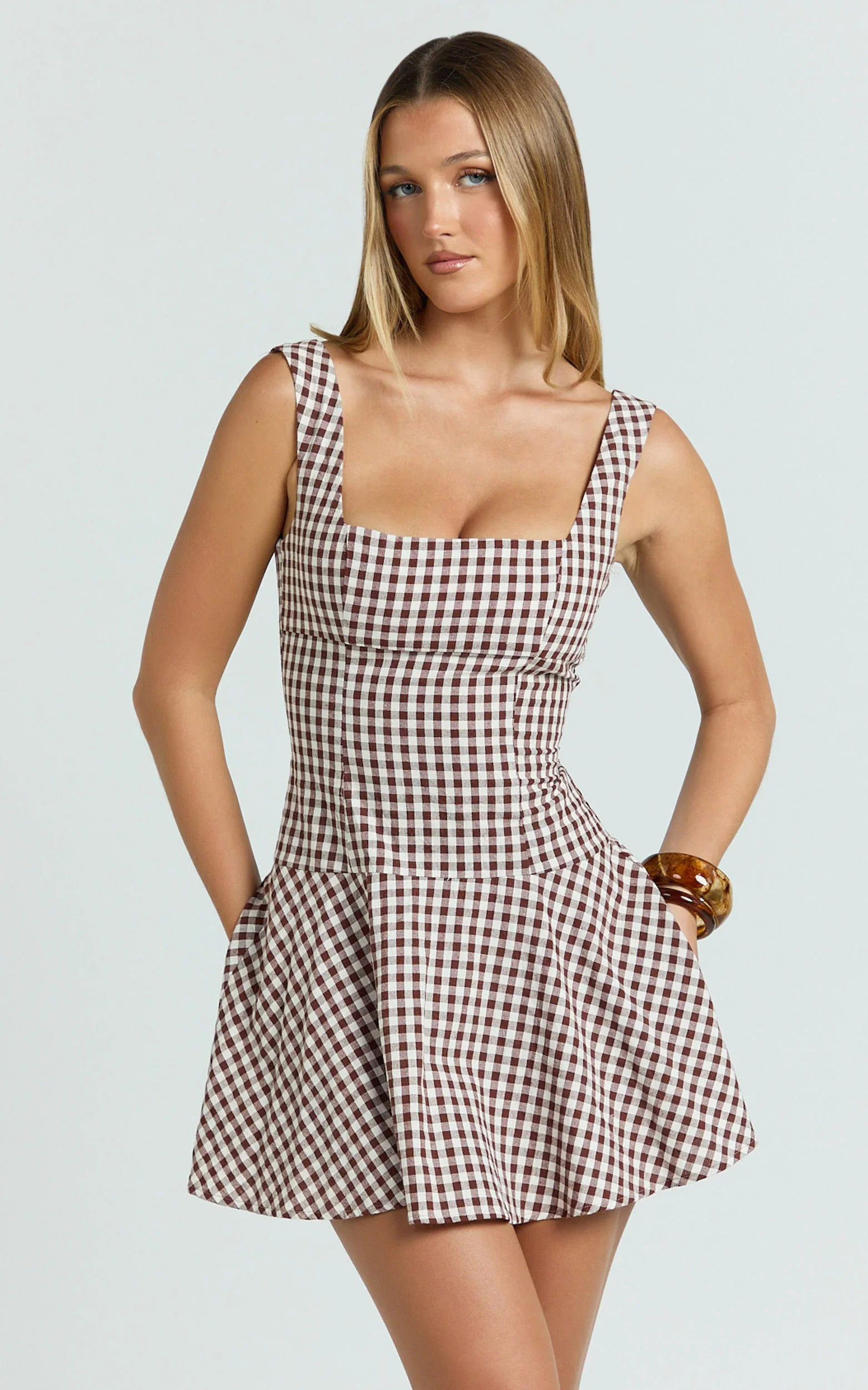 Sophia Mini Dress - Drop Waist Fit And Flare Mini Dress in Chocolate Gingham