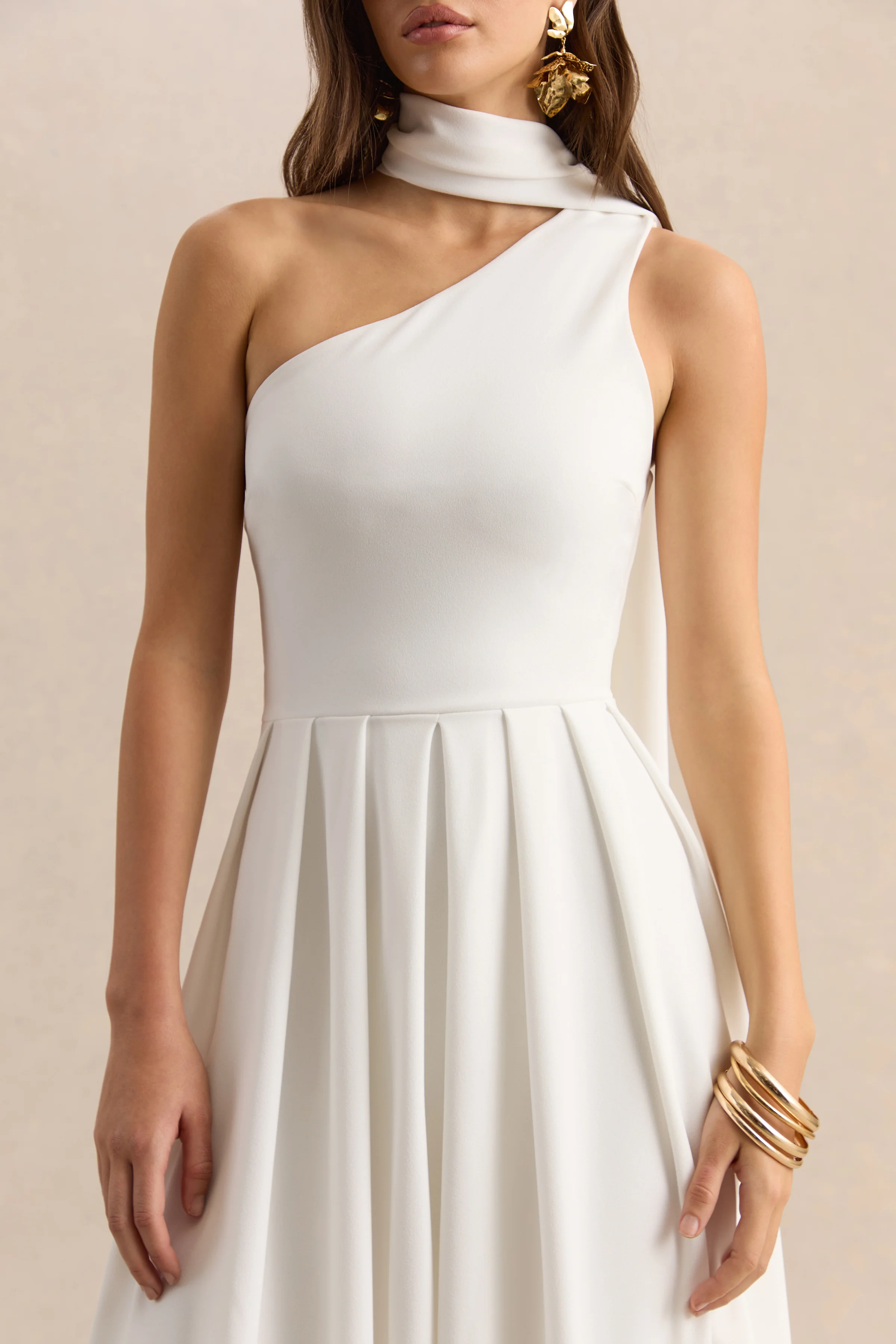 Odette | White Asymmetric-Neck Midi Dress With Scarf