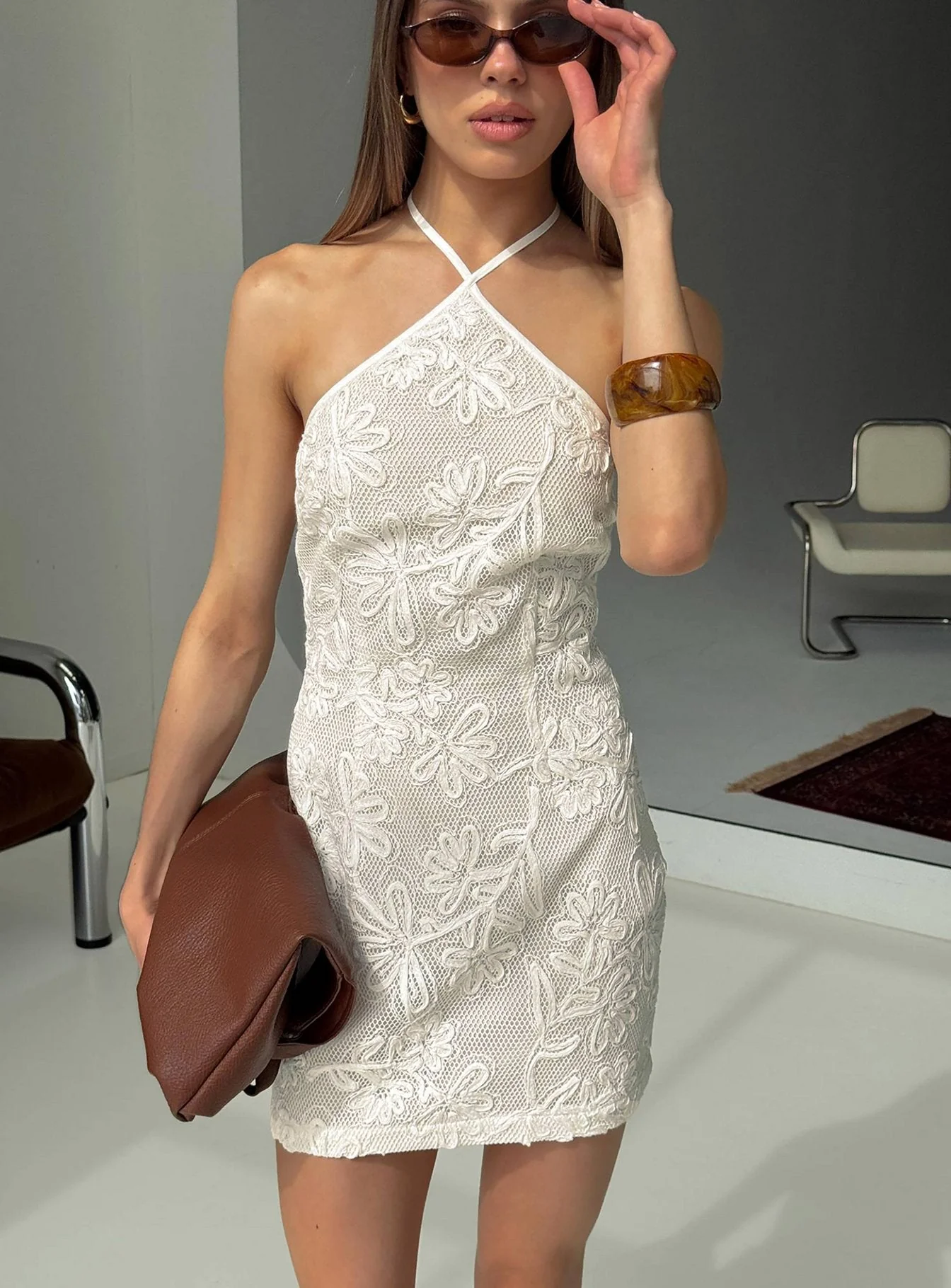 Ivo Floral Detail Halter Mini Dress White