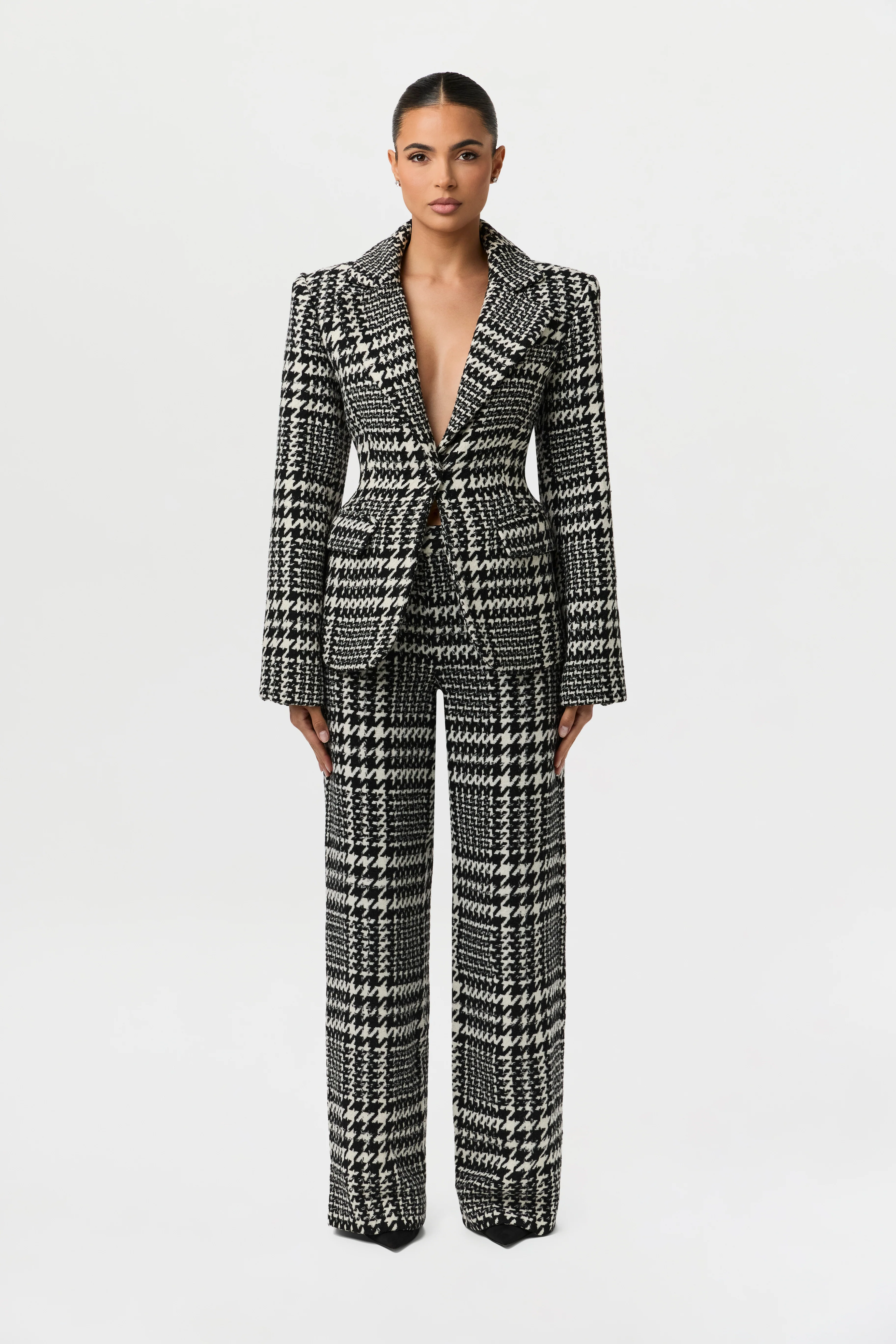 Houndstooth Plaid Wide-Leg Pants