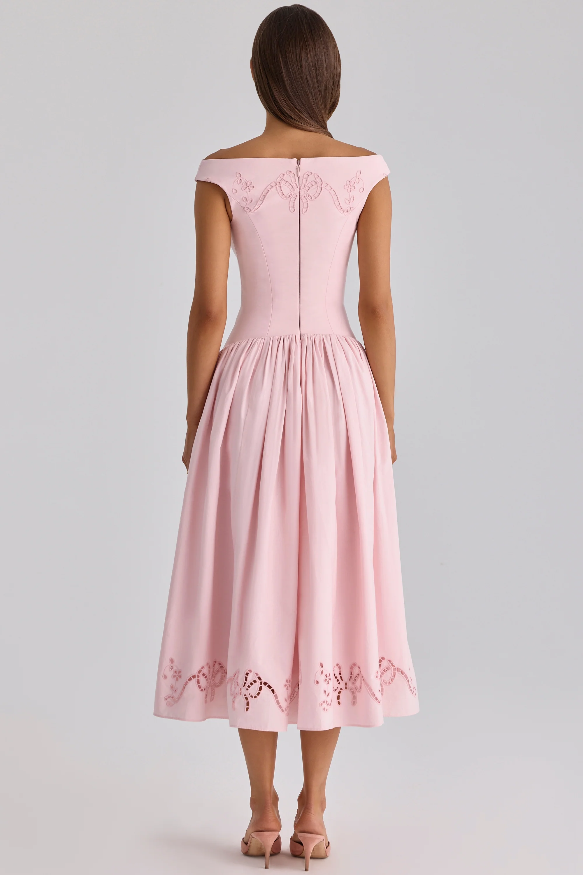 pink cotton broderie anglaise boat neck maxi dress