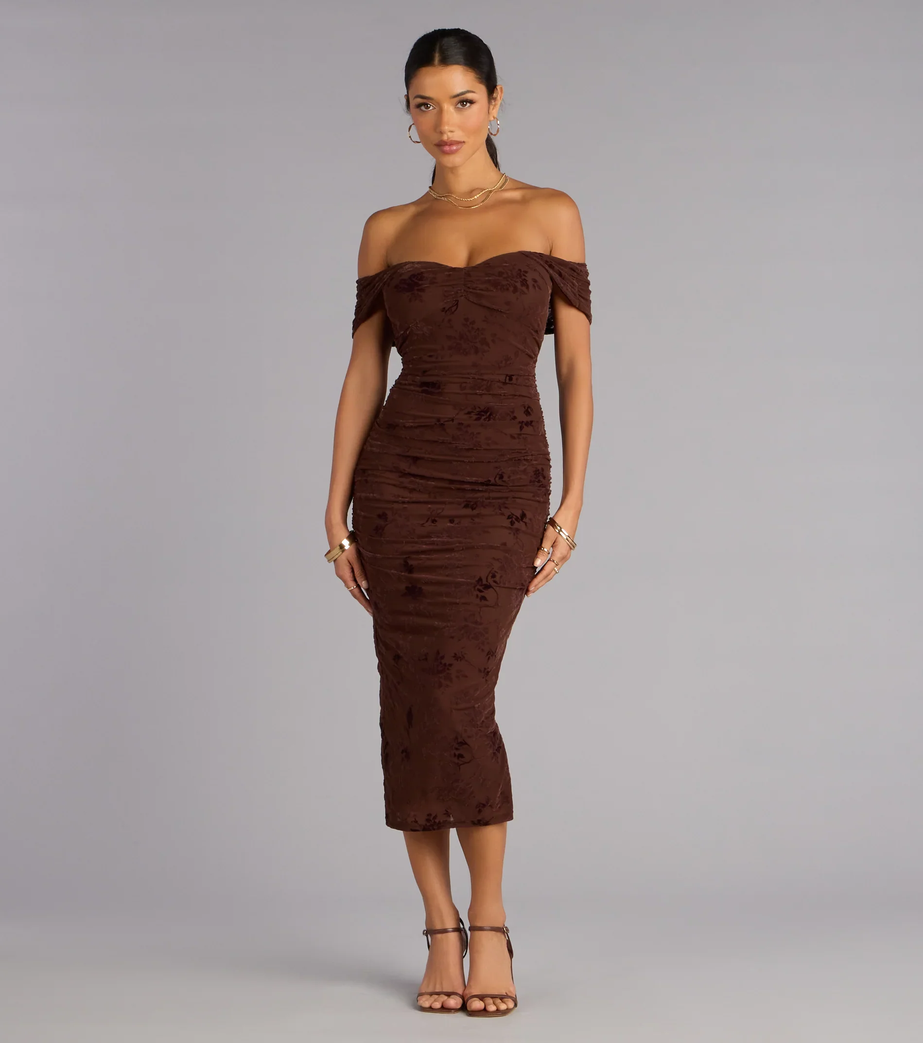 Sweet Chic Flocked Floral Off-The-Shoulder Midi Dress