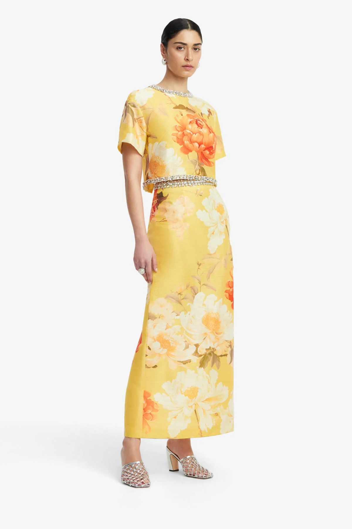 Kyra Embellished Maxi Skirt - Peony Print in Yellow