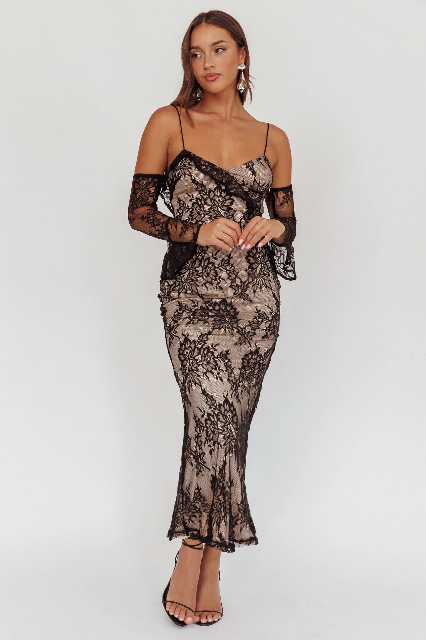 Zarah Off-Shoulder Sleeve Lace Maxi Dress Black - luluinthesky