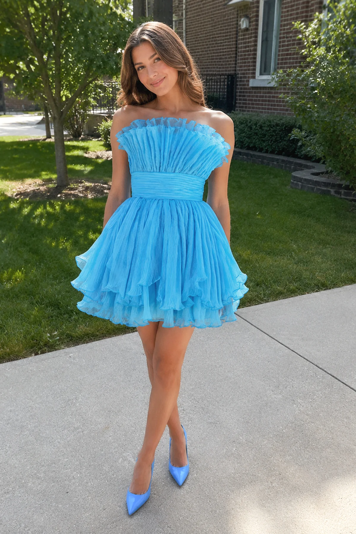 Blue A-Line Strapless Pleated Short Tiered Homecoming Dress