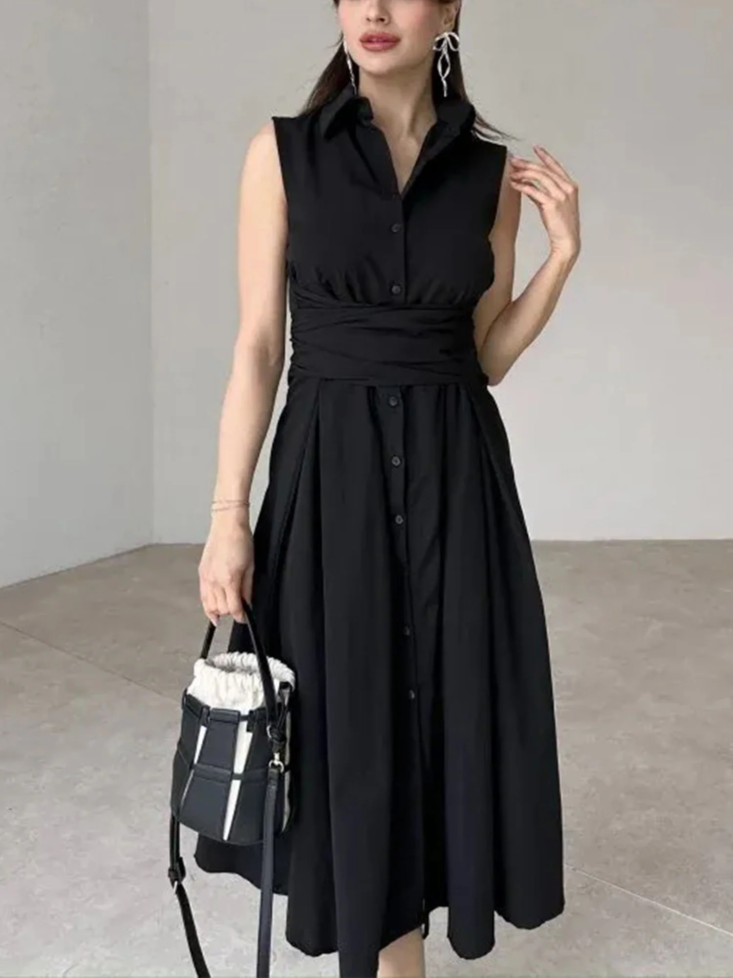 Sleeveless Belted Black Midi Dress