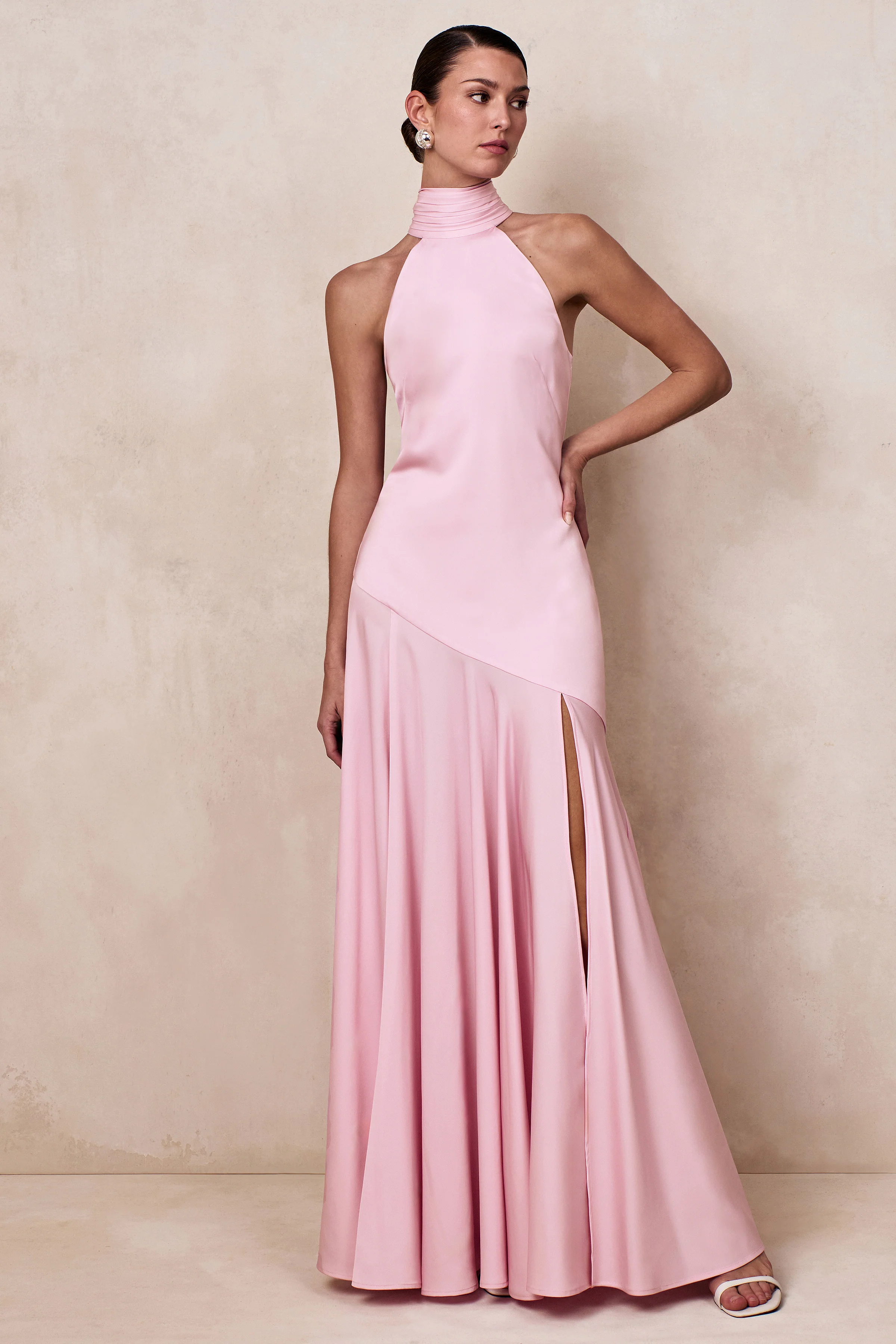Luscious | Light Pink High-Neck Maxi Dress With Drop-Waist And Bow Detail