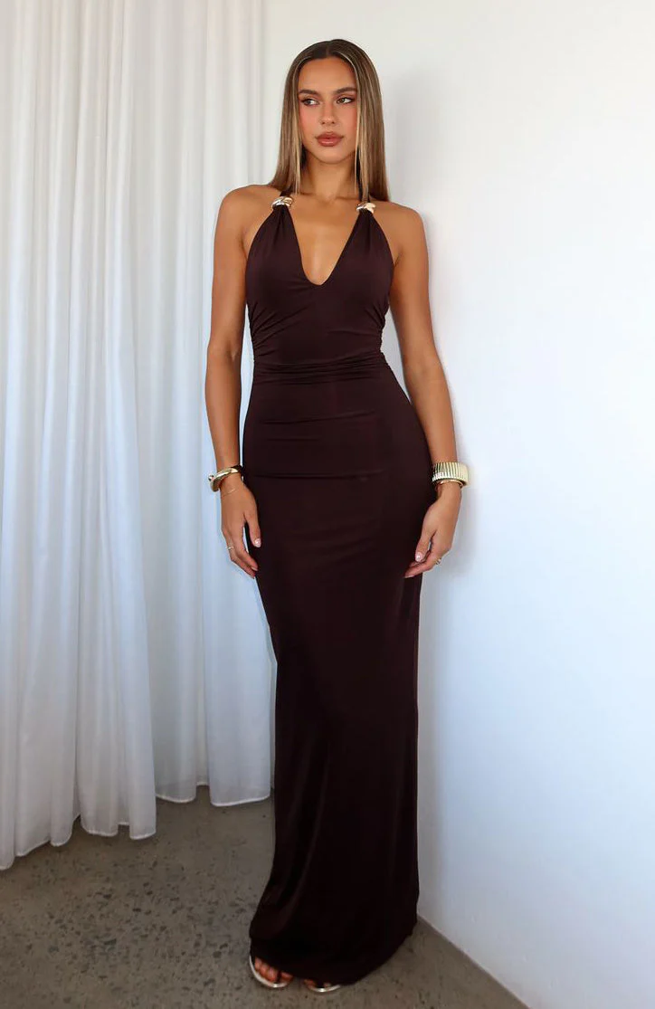 Waste A Moment Halter Maxi Dress Chocolate