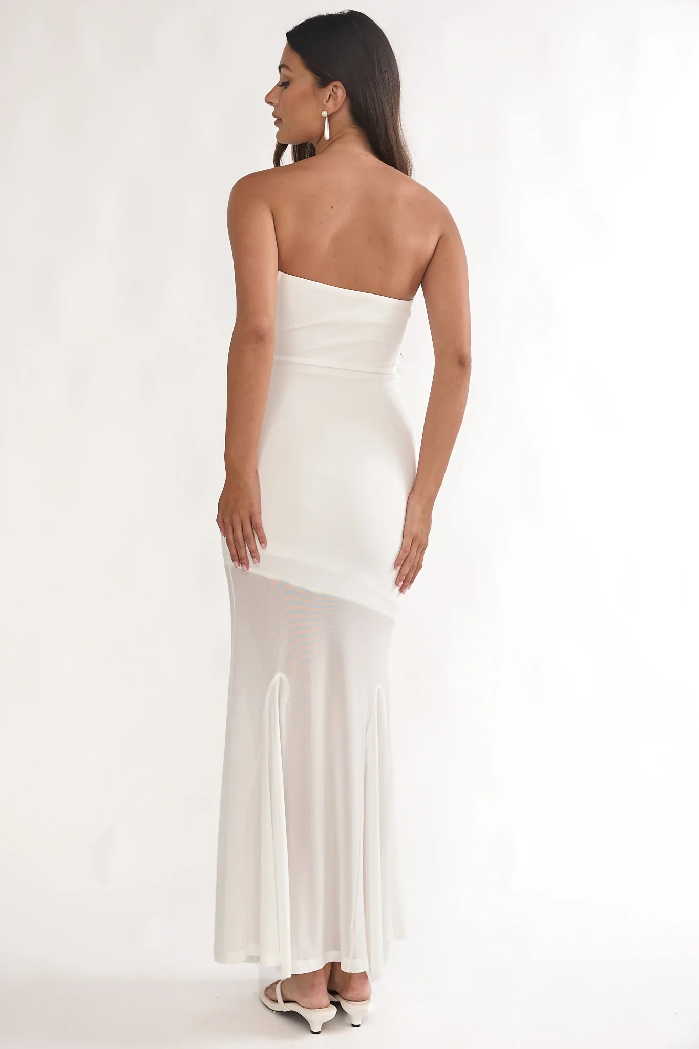 Calluna Strapless Sheer Godet Hem Maxi Dress White