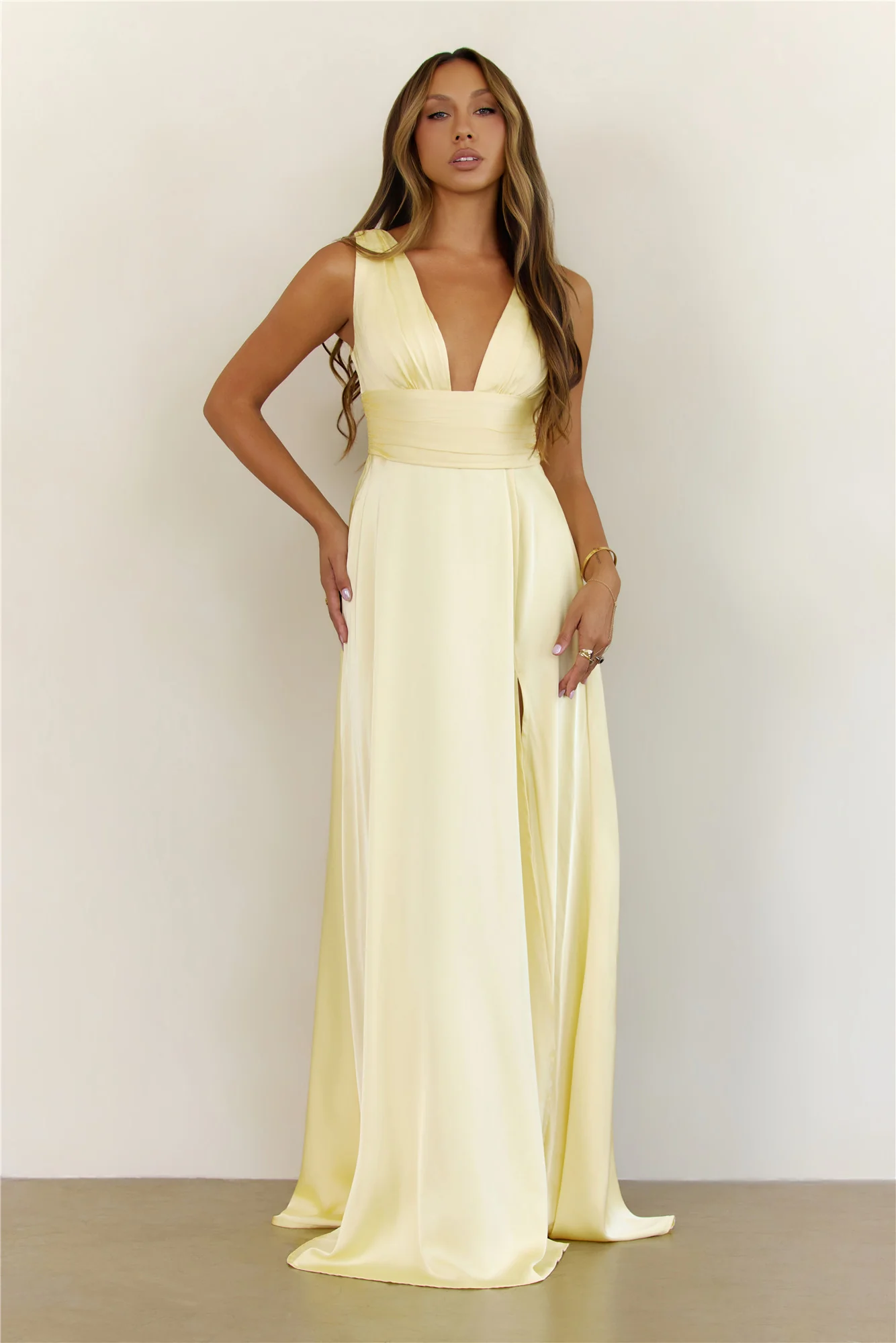Golden Aura Satin V Neck Maxi Dress Yellow