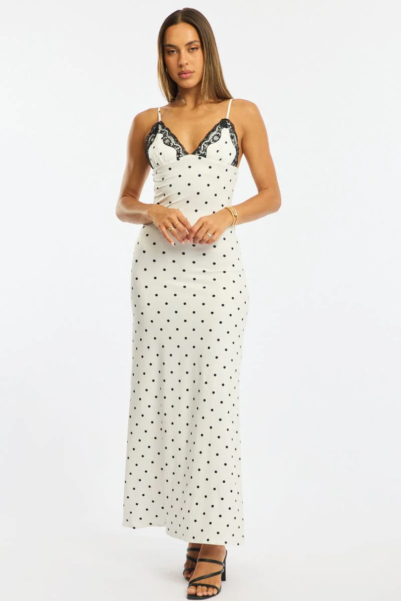 White Polka Dot Maxi Dress Lace Bust