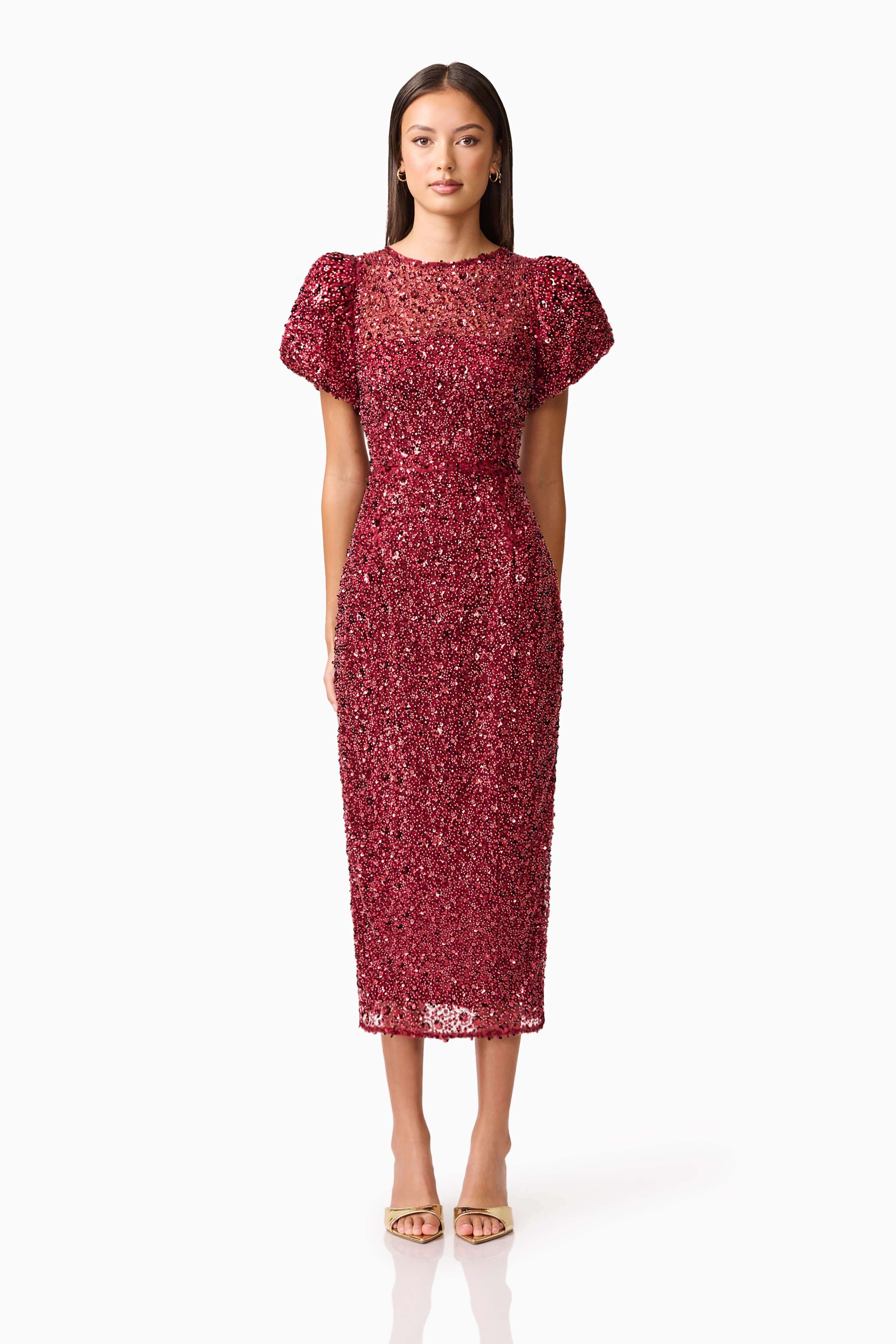 Carmen Puff Sleeve Midi Dress in Red